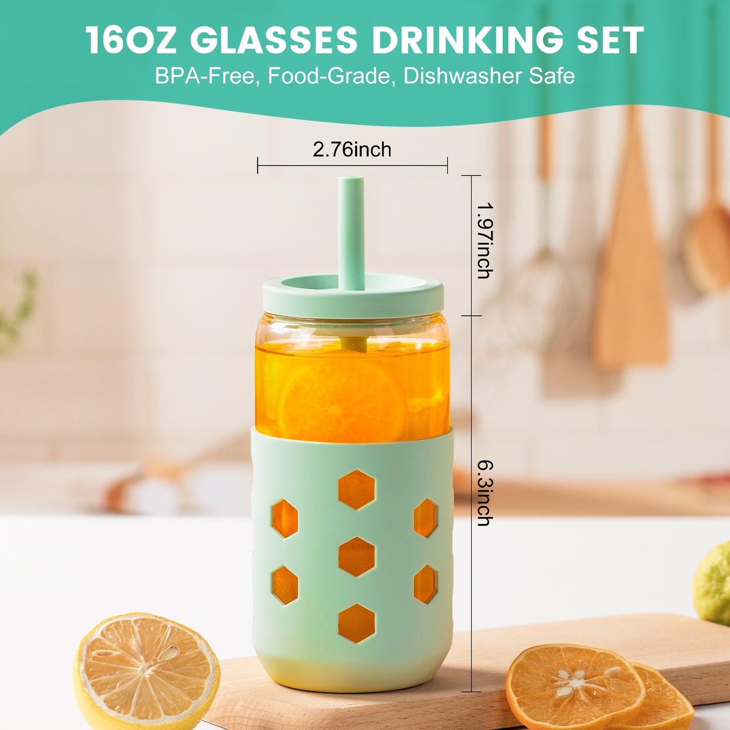 Micebay Glass Cups with Lids and Straws (4 Pack), 16oz Drinking Glasses Set with Silicone Sleeves for Coffee Bar Accessories Iced Coffee Cups with Lids, Glass Tumbler Reusable for Gifts