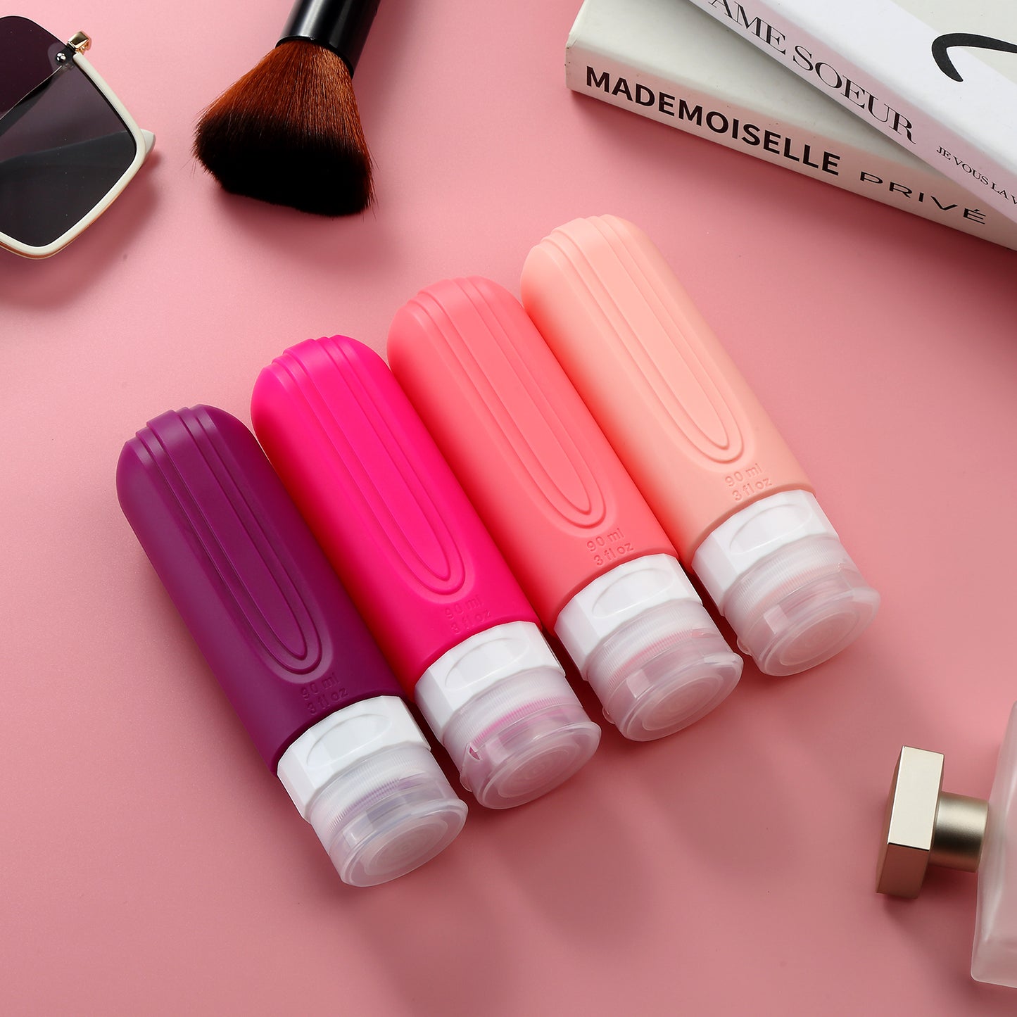 Micebay Leak-Proof 3-oz Silicone Squeezable Travel Bottles for Toiletries, Refillable Travel Size Containers, BPA Free, TSA Approved, Dark-Pureple, 4 Pack