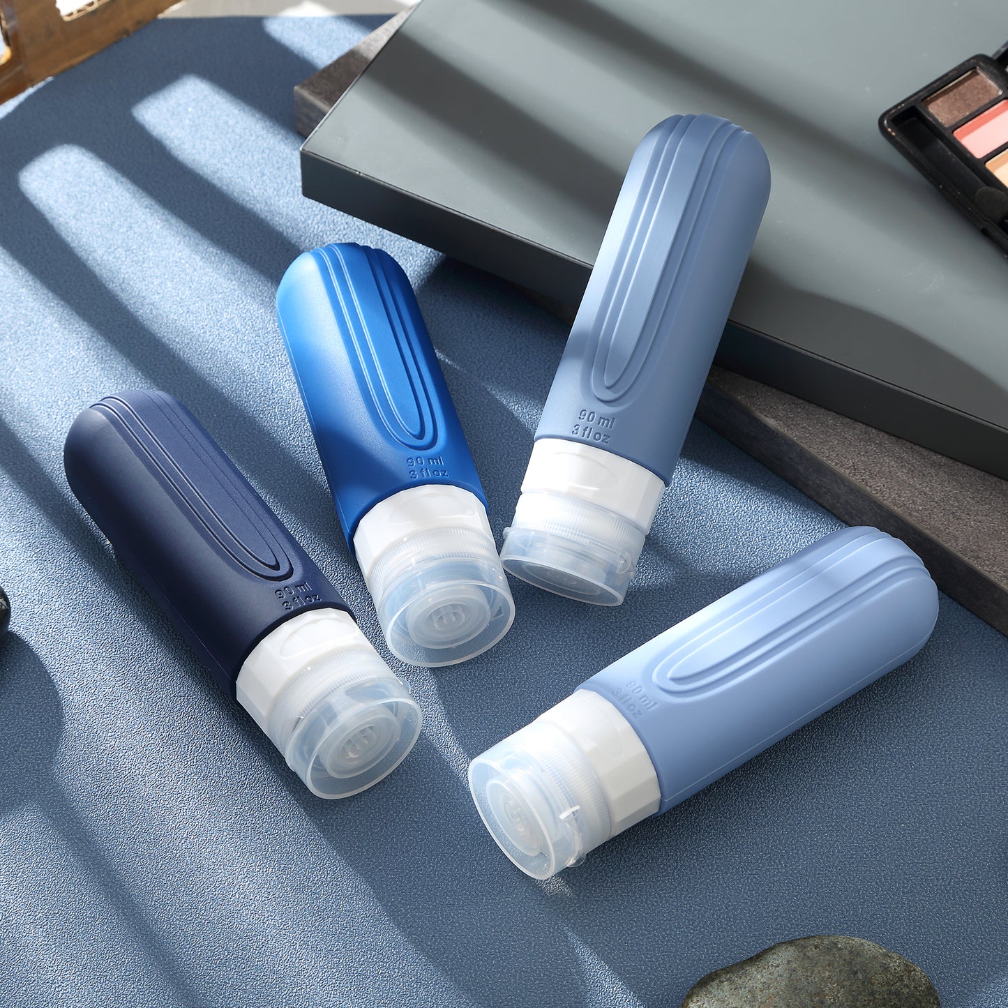 Micebay Leak-Proof 3-oz Silicone Squeezable Travel Bottles for Toiletries, Refillable Travel Size Containers, BPA Free, TSA Approved, Blue, 4 Pack