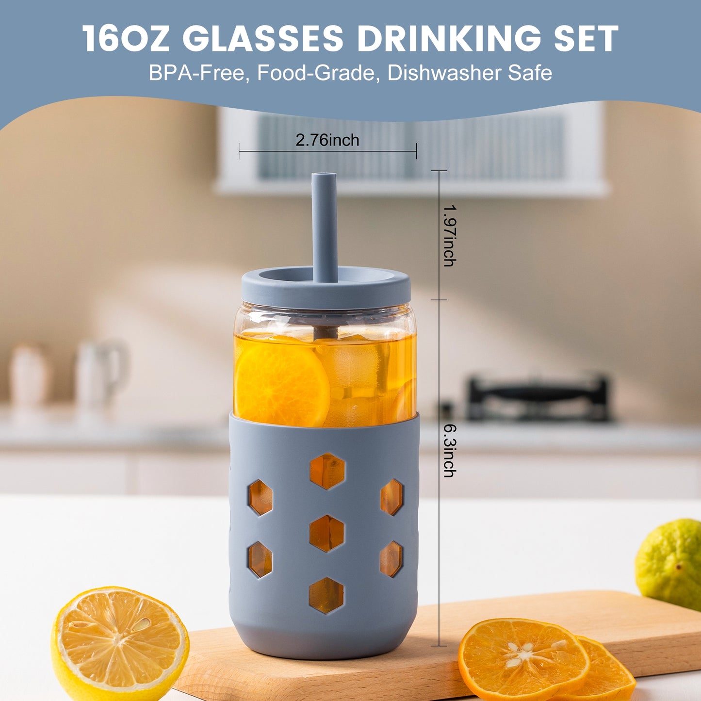 Micebay Glass Cups with Lids and Straws (4 Pack), 16oz Drinking Glasses Set with Silicone Sleeves for Coffee Bar Accessories Iced Coffee Cups with Lids, Glass Tumbler Reusable for Gifts
