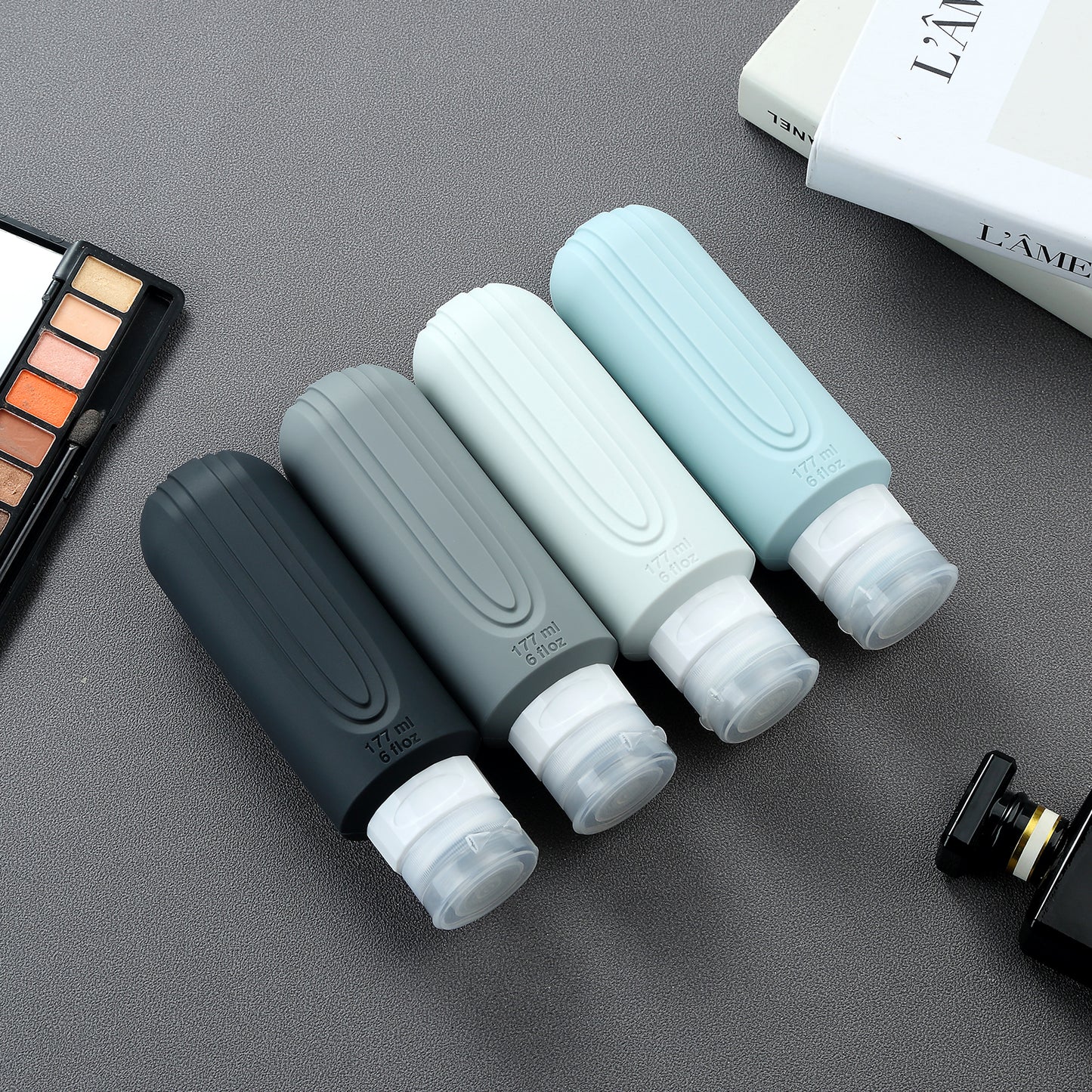 Micebay Leak-Proof 6-oz Silicone Squeezable Travel Bottles for Toiletries, Refillable Travel Size Containers, BPA Free, TSA Approved, Gray, 4 Pack