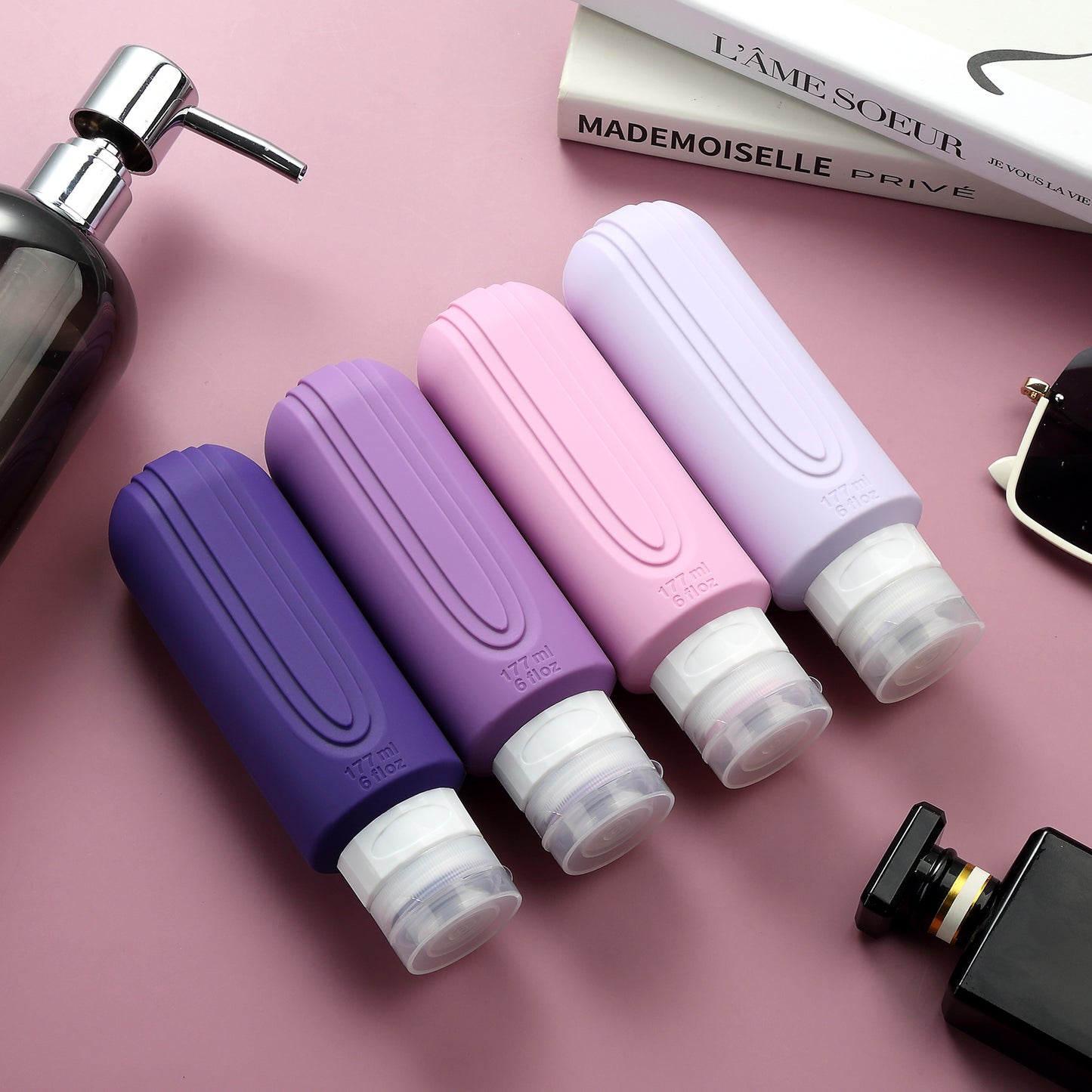 Micebay Leak-Proof 6-oz Silicone Squeezable Travel Bottles for Toiletries, Refillable Travel Size Containers, BPA Free, TSA Approved, Purple, 4 Pack