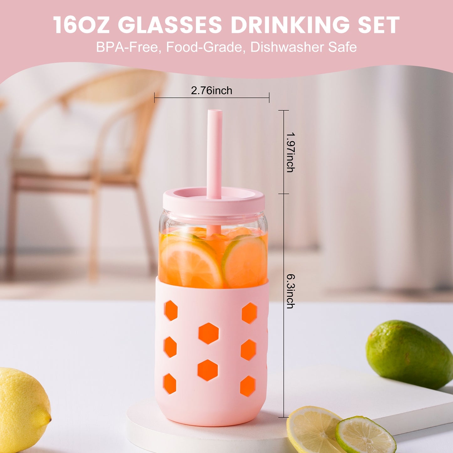 Micebay Glass Cups with Silicone Lids and Straws (4 Pcs), 16oz Drinking Glasses Set with Silicone Sleeves for Coffee Bar Accessories Iced Coffee Cups with Lids, Glass Tumbler Reusable for Gifts