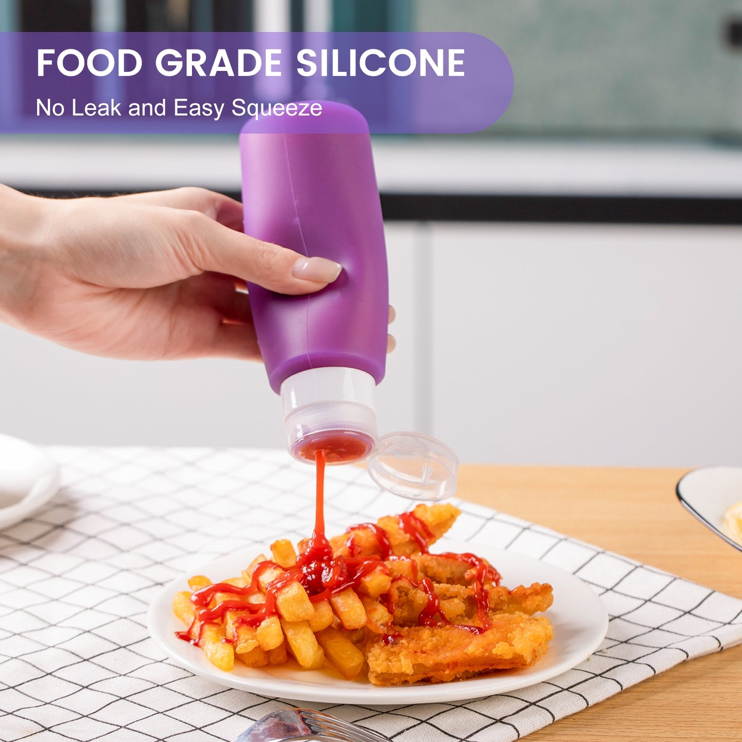 Micebay 6 oz Silicone Condiment Squeeze Bottles, Leakproof Mini Sauce Containers with Reusable Bag, 4-Pack for Meal Prep and Bento Boxes, Purple