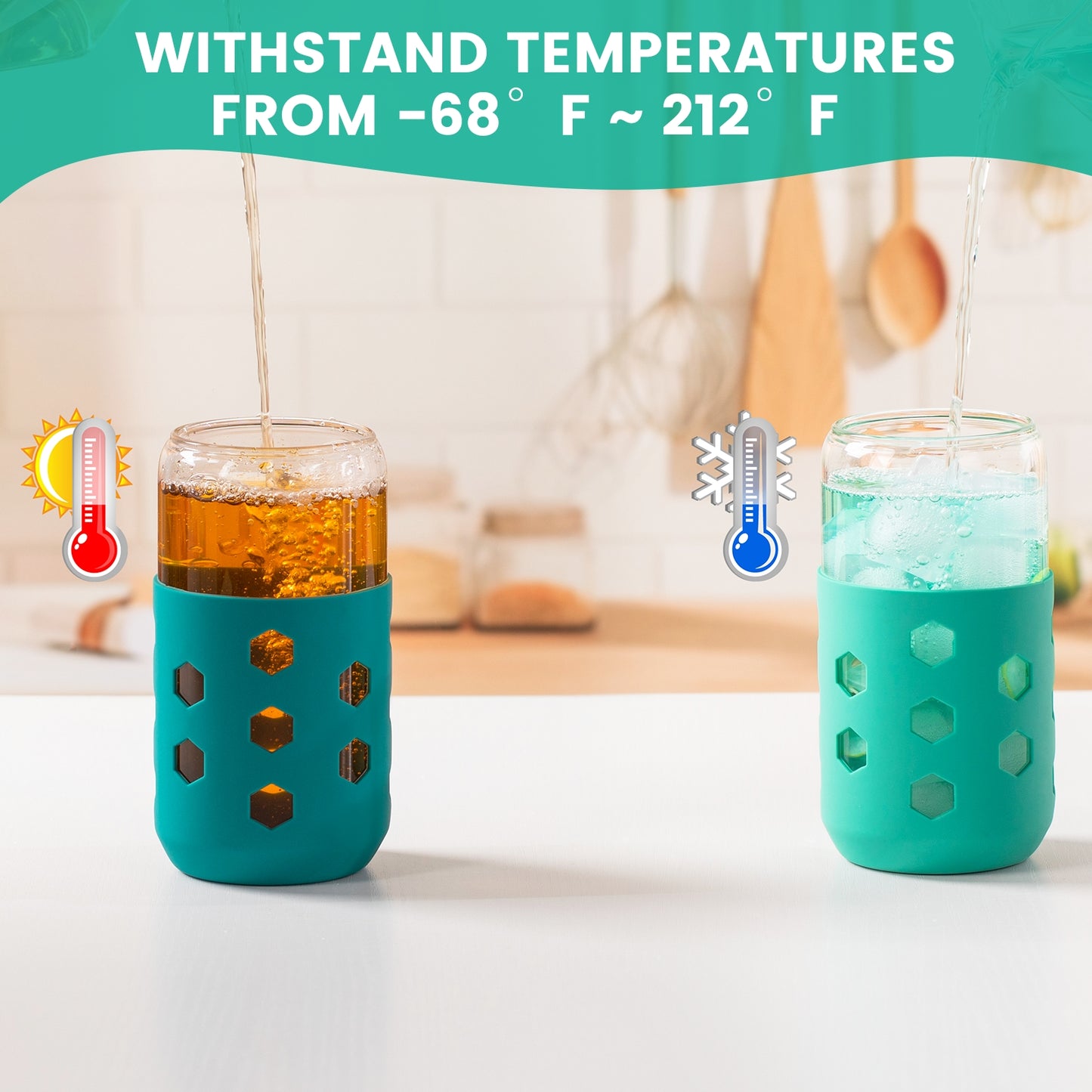 Micebay Glass Cups with Lids and Straws (4 Pack), 16oz Drinking Glasses Set with Silicone Sleeves for Coffee Bar Accessories Iced Coffee Cups with Lids, Glass Tumbler Reusable for Gifts