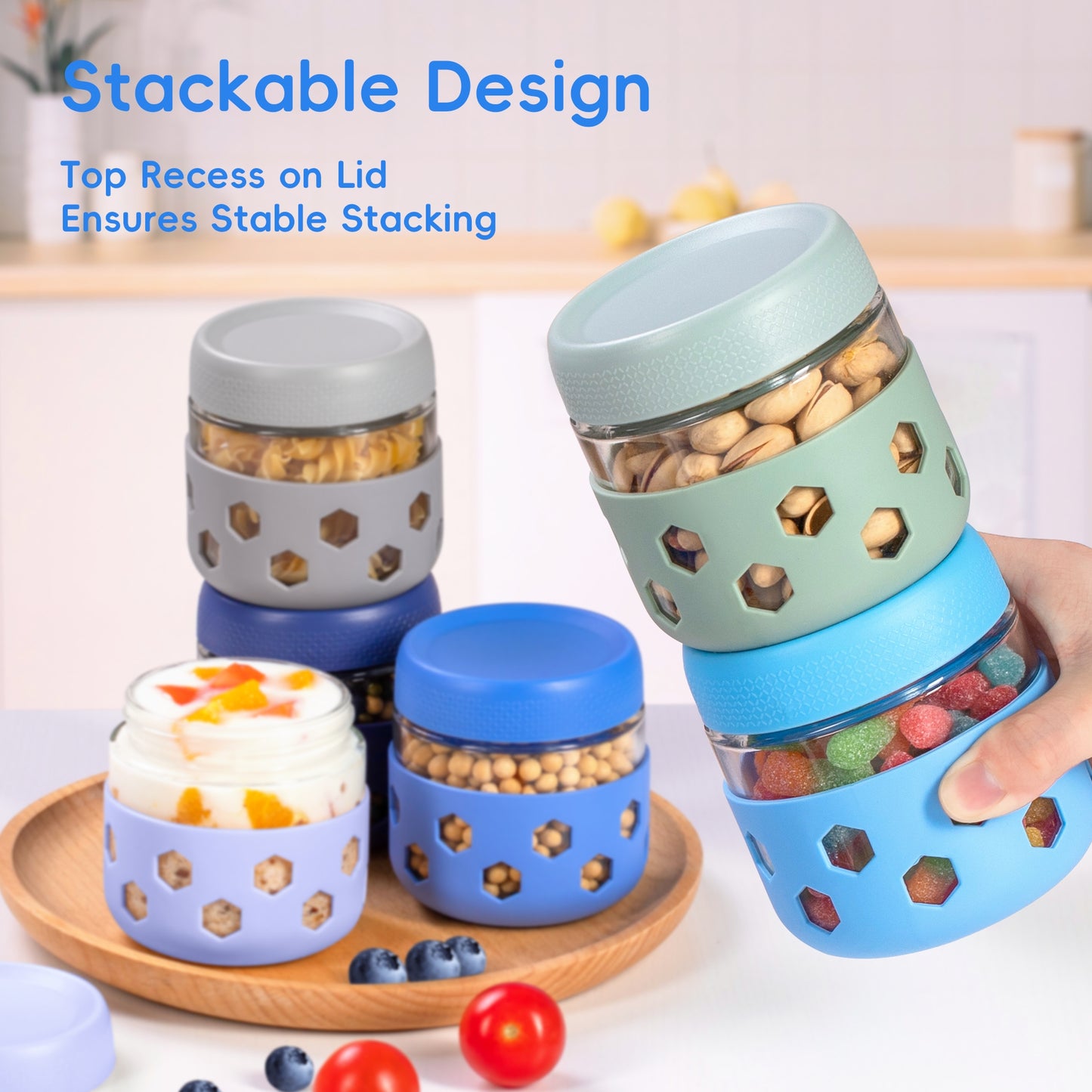 Micebay 6-Pack 10 oz Glass Mason Jars with Silicone Sleeves, Airtight BPA-Free Overnight Oats Containers with Lids, Dishwasher Safe Leak-Proof Meal Prep Jars for Chia Pudding, Yogurt, Snacks