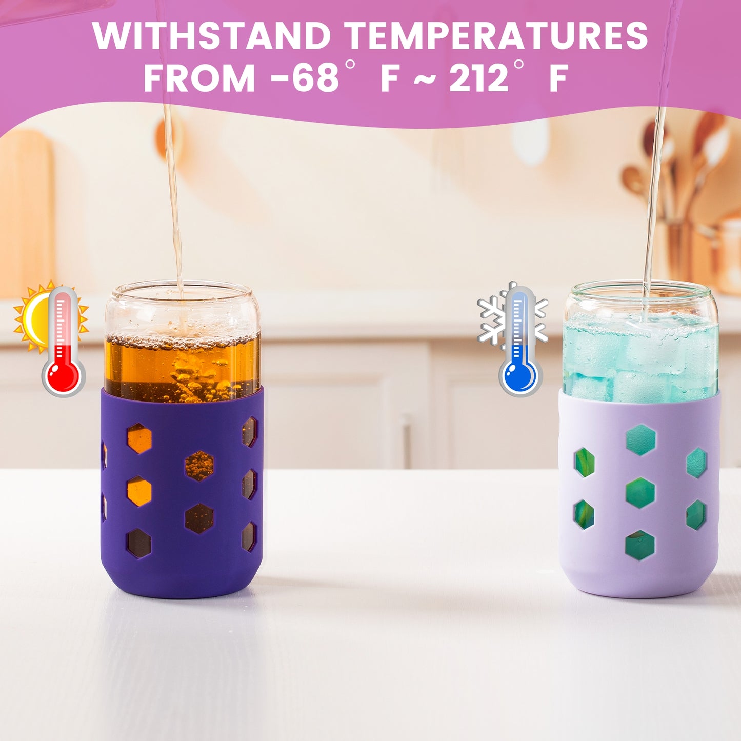 Micebay Glass Cups with Lids and Straws (4 Pack), 16oz Drinking Glasses Set with Silicone Sleeves for Coffee Bar Accessories Iced Coffee Cups with Lids, Glass Tumbler Reusable for Gifts