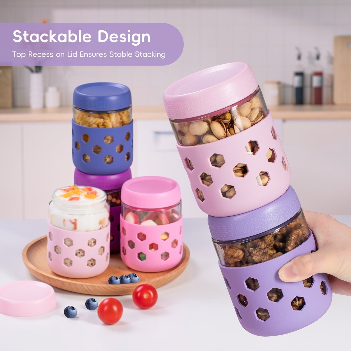 Micebay 6-Pack 16 oz Glass Mason Jars with Silicone Sleeves, Airtight BPA-Free Overnight Oats Containers with Lids, Dishwasher Safe Leak-Proof Meal Prep Jars for Chia Pudding, Yogurt, Snacks