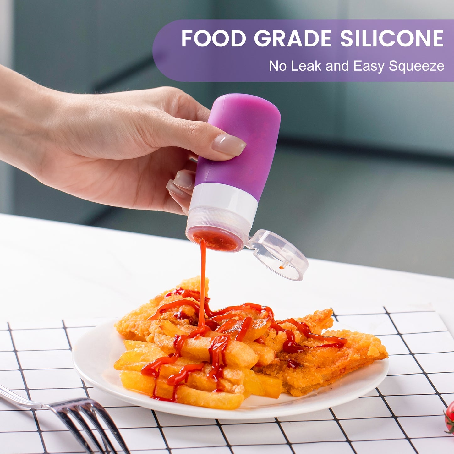 Micebay 2 oz Silicone Condiment Squeeze Bottles, Leakproof Mini Sauce Containers with Reusable Bag, 4-Pack for Meal Prep and Bento Boxes, Purple