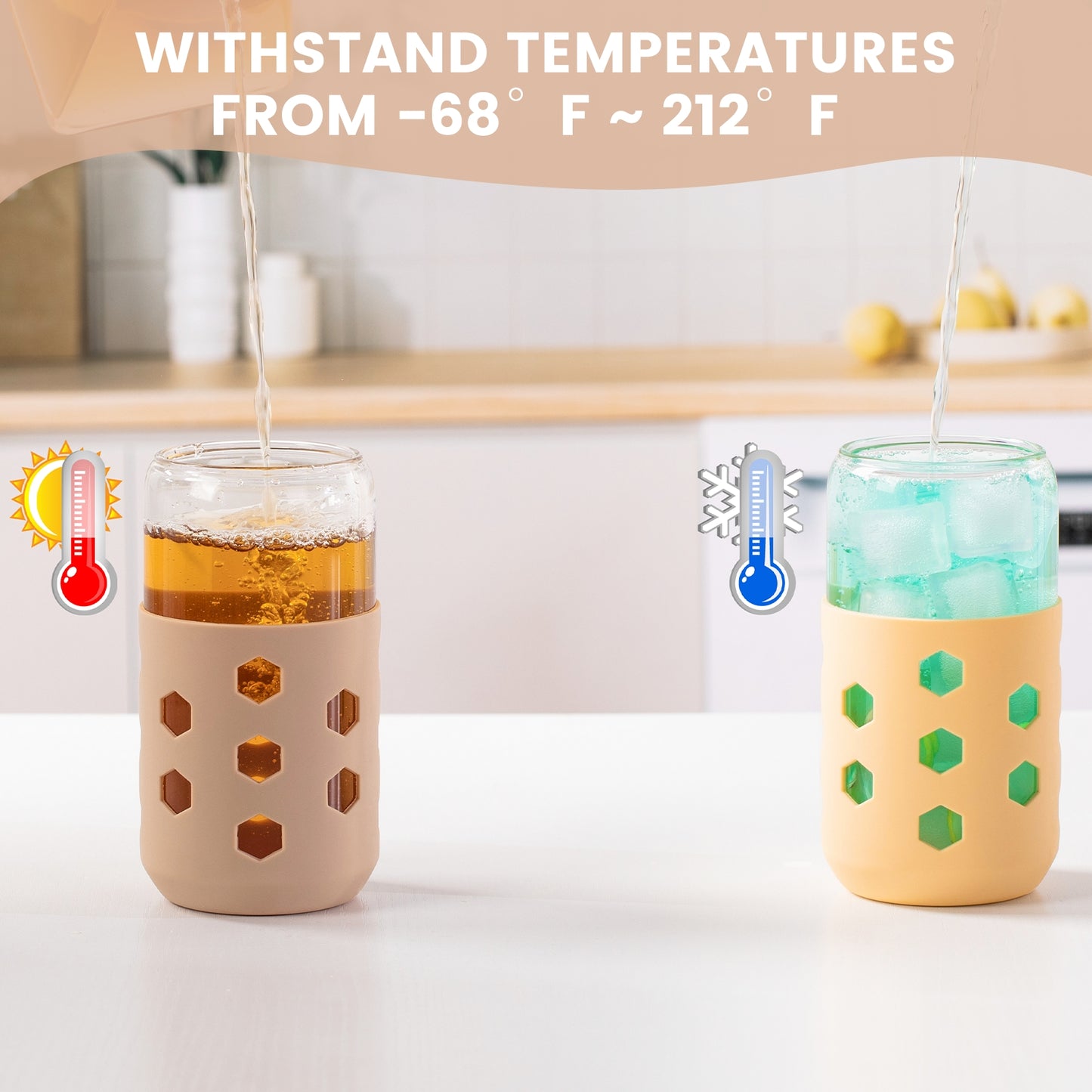 Micebay Glass Cups with Lids and Straws (4 Pack), 16oz Drinking Glasses Set with Silicone Sleeves for Coffee Bar Accessories Iced Coffee Cups with Lids, Glass Tumbler Reusable for Gifts