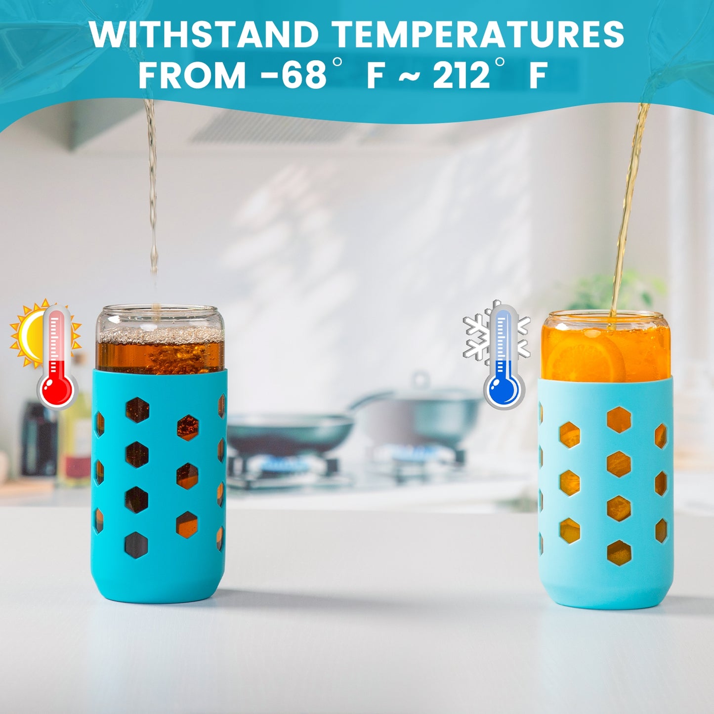 Micebay Glass Cups with Lids and Straws (4 Pcs), 20oz Drinking Glasses Set with Silicone Sleeves for Coffee Bar Accessories Iced Coffee Cups with Lids, Glass Tumbler Reusable for Gifts
