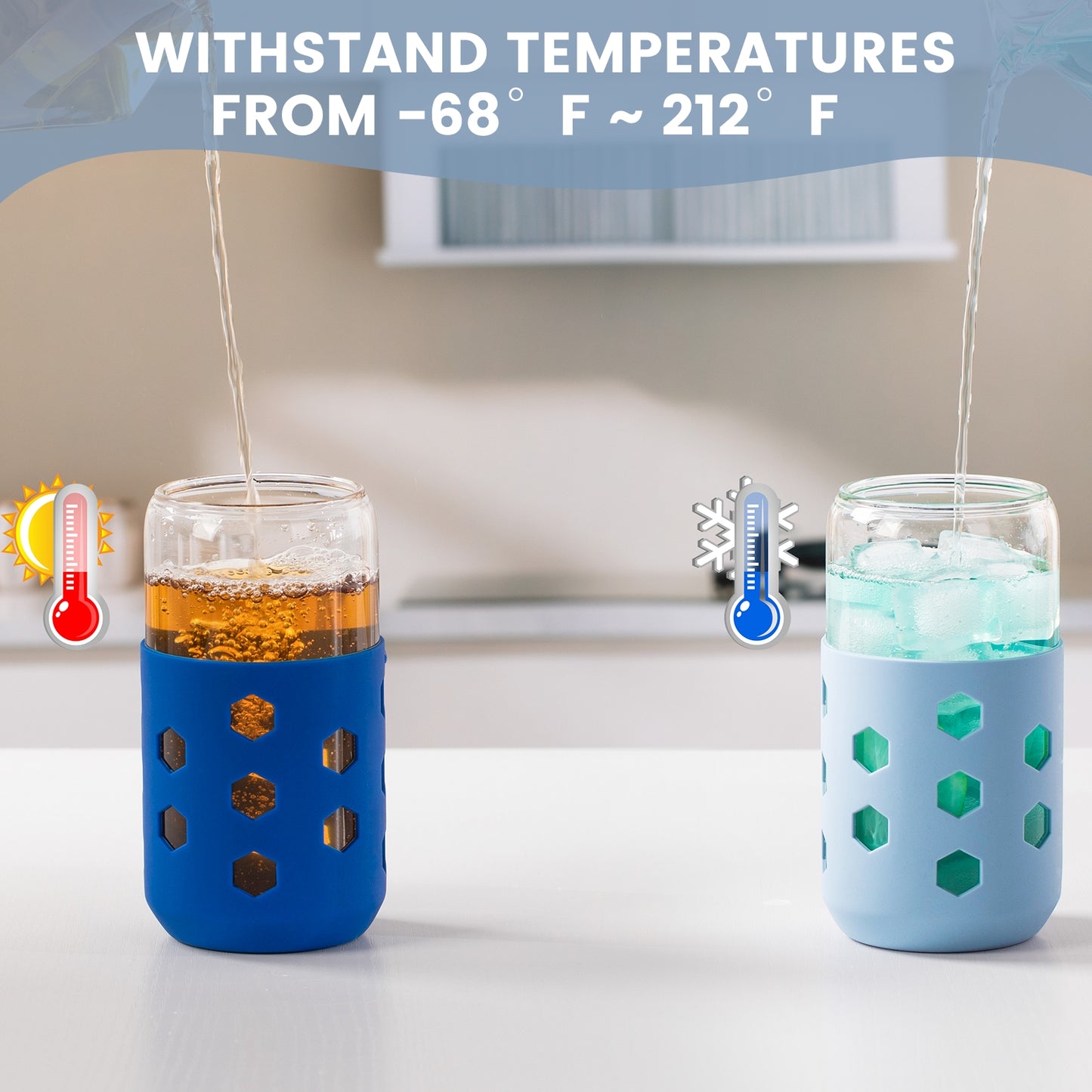 Micebay Glass Cups with Lids and Straws (4 Pack), 16oz Drinking Glasses Set with Silicone Sleeves for Coffee Bar Accessories Iced Coffee Cups with Lids, Glass Tumbler Reusable for Gifts