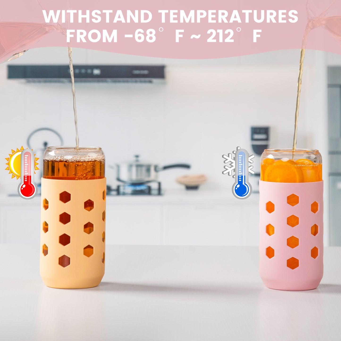 Micebay 20 oz Glass Cups With Lids and Straws, 4-Pack Iced Coffee Cup - Smoothie Cup With Silicone Lid and Sleeve for Coffee Bar Accessory, Cute Drinking Glasses Set Reusable Glass Tumbler for Gifts