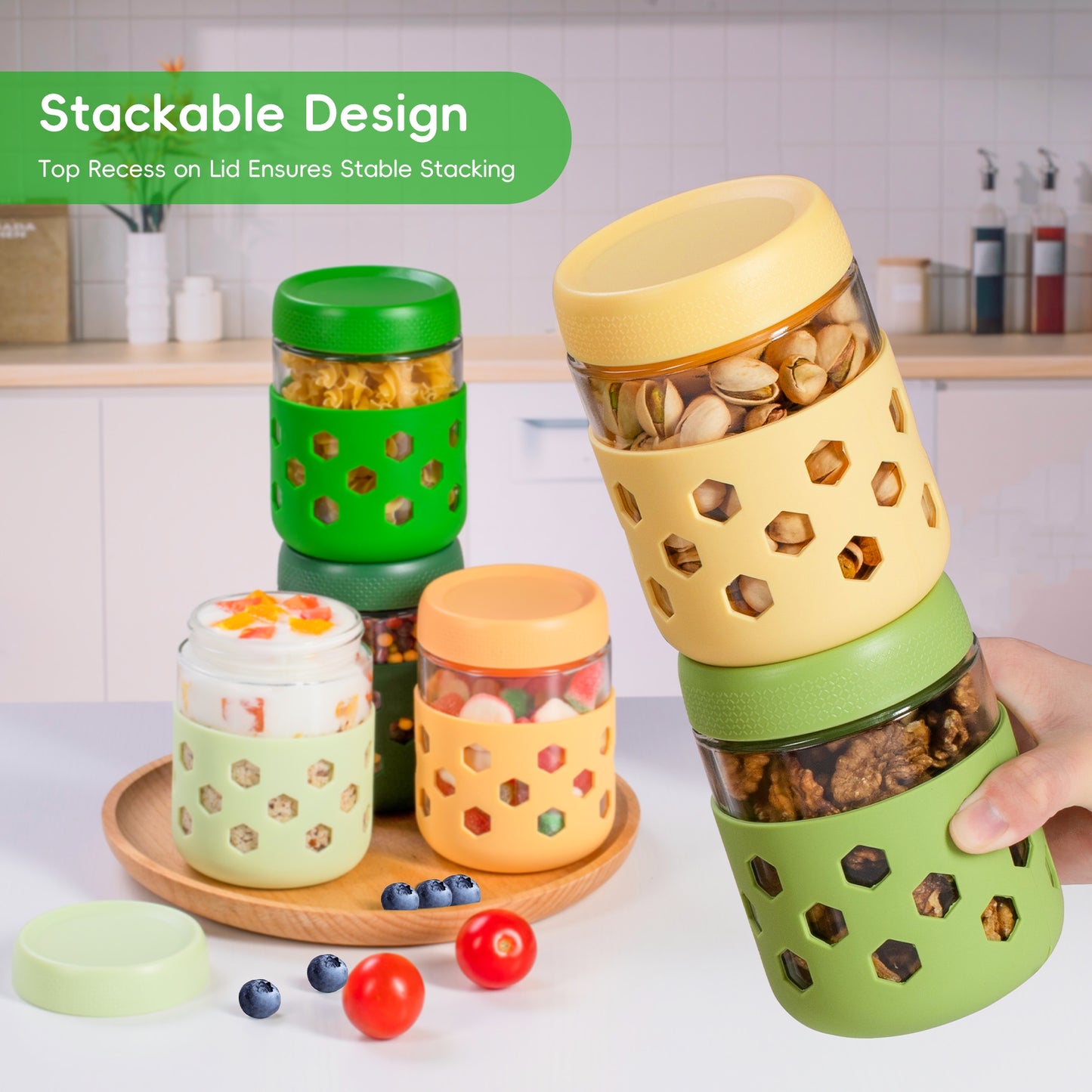 Micebay 6-Pack 16 oz Glass Mason Jars with Silicone Sleeves, Airtight BPA-Free Overnight Oats Containers with Lids, Dishwasher Safe Leak-Proof Meal Prep Jars for Chia Pudding, Yogurt, Snacks