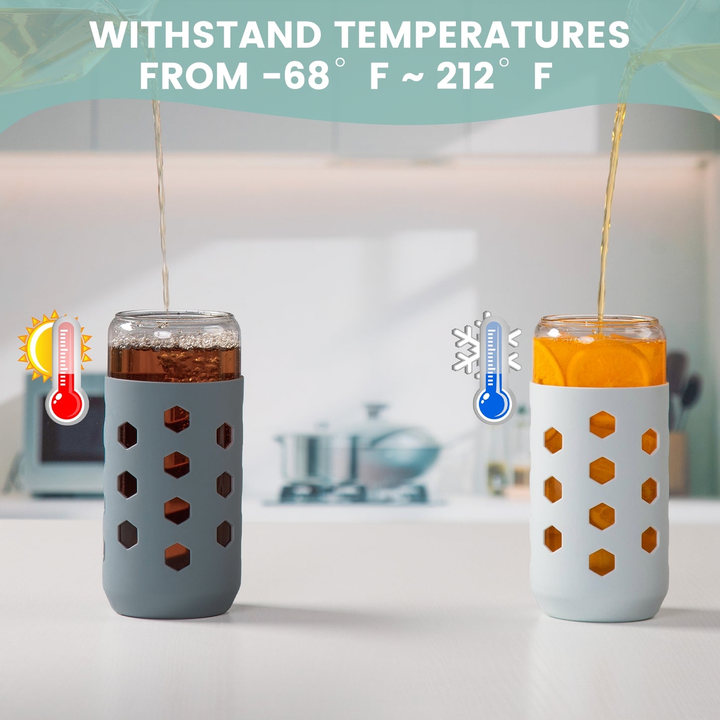 Micebay Glass Cups with Lids and Straws (4 Pcs), 20oz Drinking Glasses Set with Silicone Sleeves for Coffee Bar Accessories Iced Coffee Cups with Lids, Glass Tumbler Reusable for Gifts