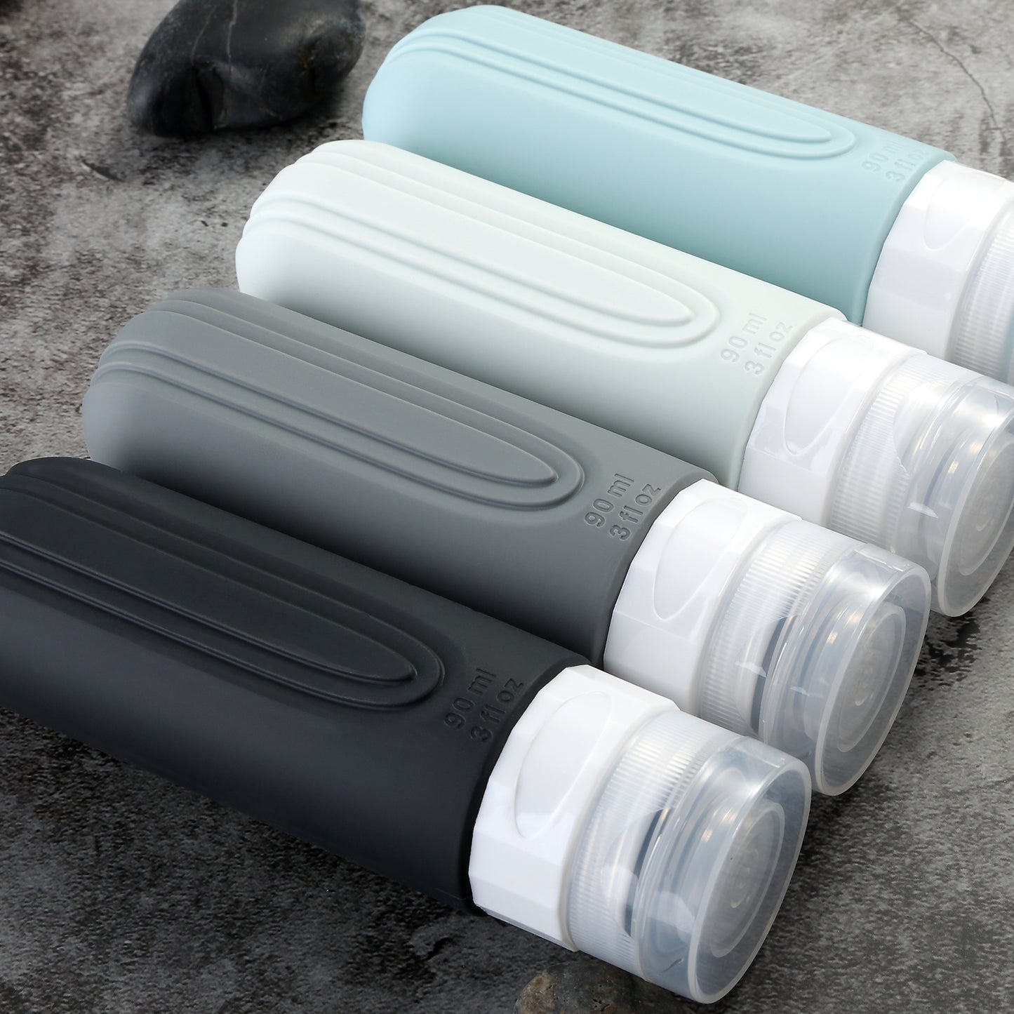 Micebay Leak-Proof 3oz Silicone Squeezable Travel Bottles for Toiletries, Refillable Travel Size Containers for Lotion, BPA Free, TSA Approved, Gray, 4 Pack