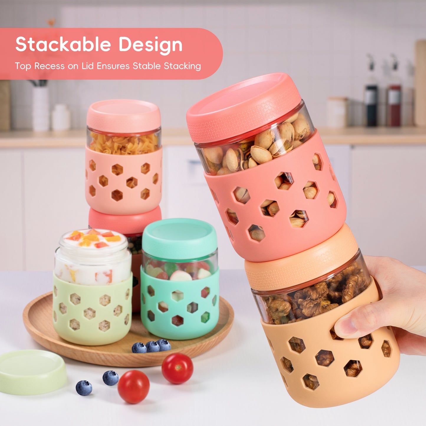 Micebay 6-Pack 16 oz Glass Mason Jars with Silicone Sleeves, Airtight BPA-Free Overnight Oats Containers with Lids, Dishwasher Safe Leak-Proof Meal Prep Jars for Chia Pudding, Yogurt, Snacks