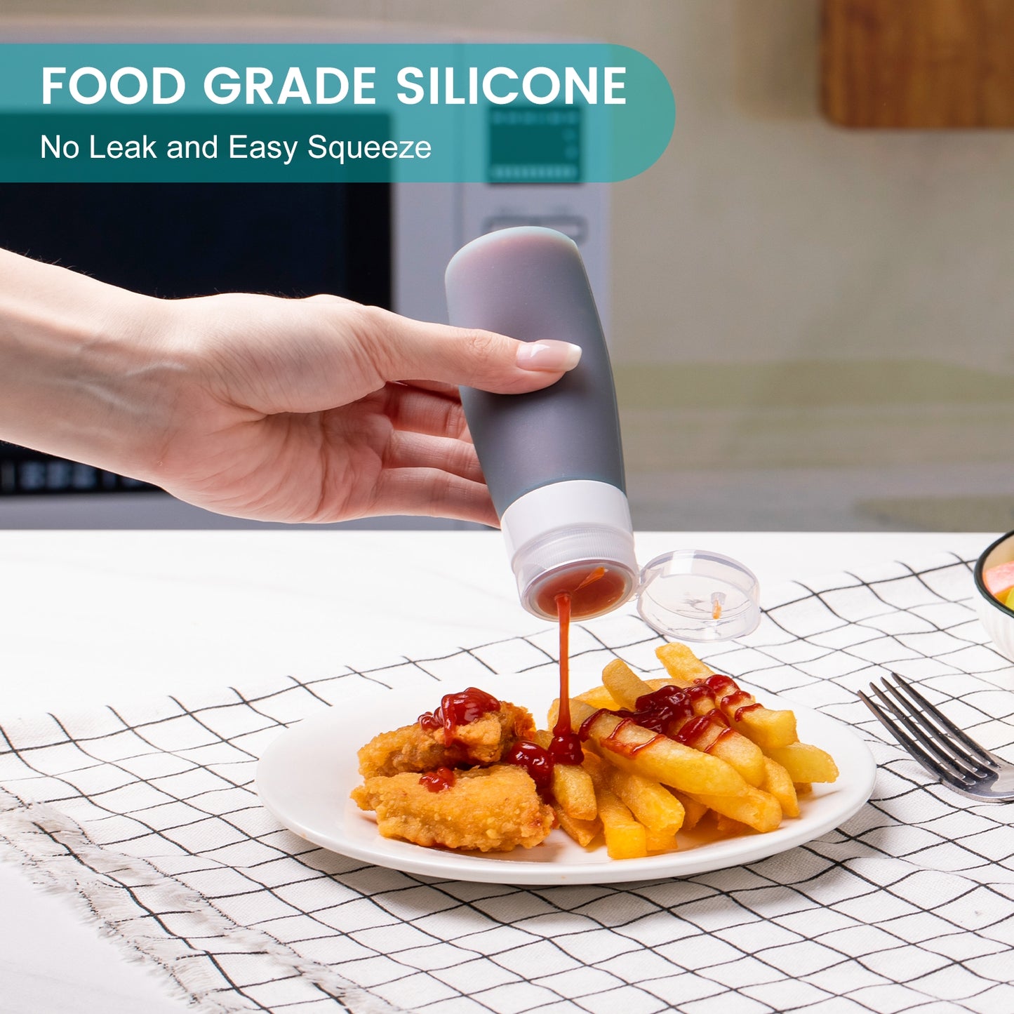 Micebay 3 oz Silicone Condiment Squeeze Bottles, Leakproof Mini Sauce Containers with Reusable Bag, 4-Pack for Meal Prep and Bento Boxes, Mint