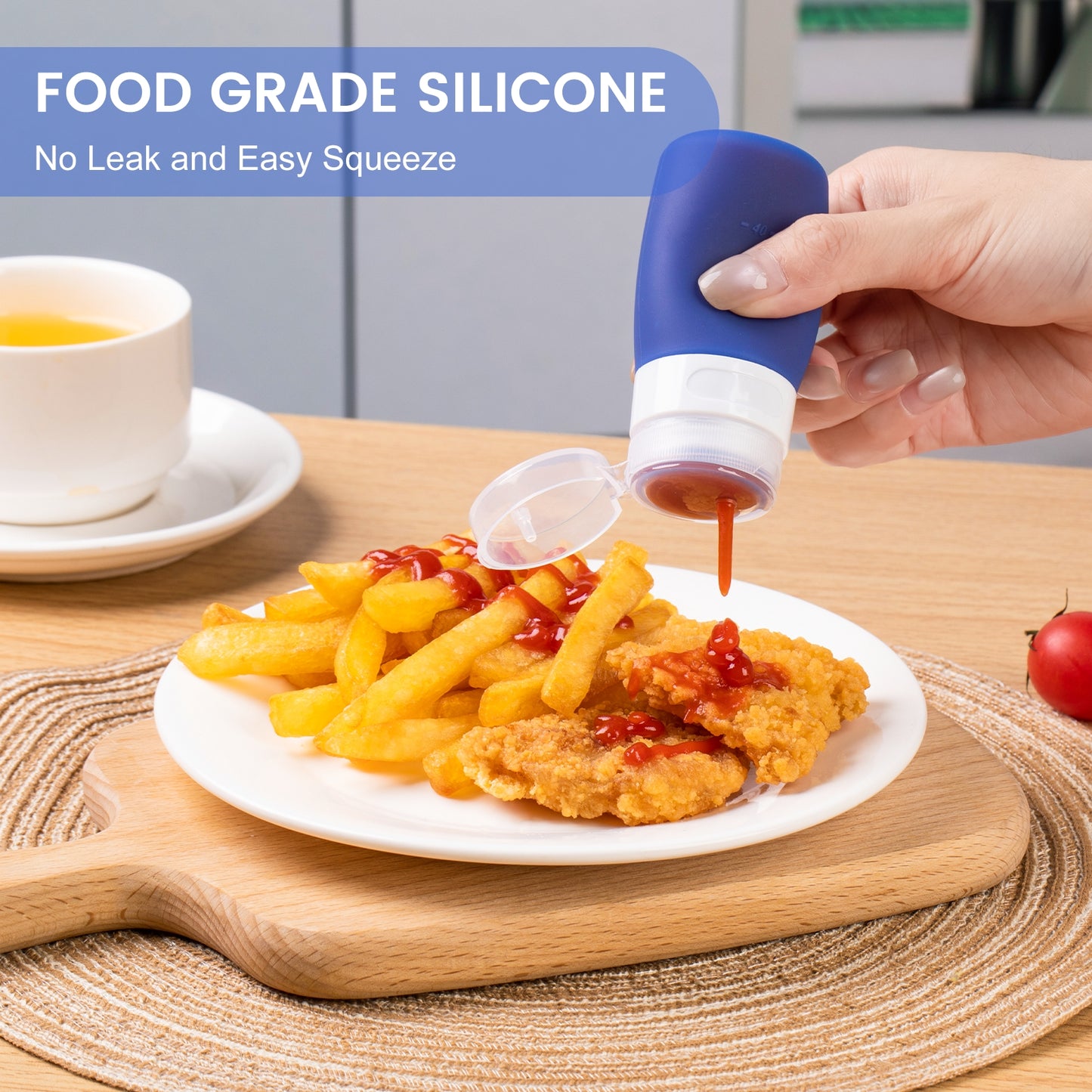 Micebay 2 oz Silicone Condiment Squeeze Bottles, Leakproof Mini Sauce Containers with Reusable Bag, 4-Pack for Meal Prep and Bento Boxes, Blue