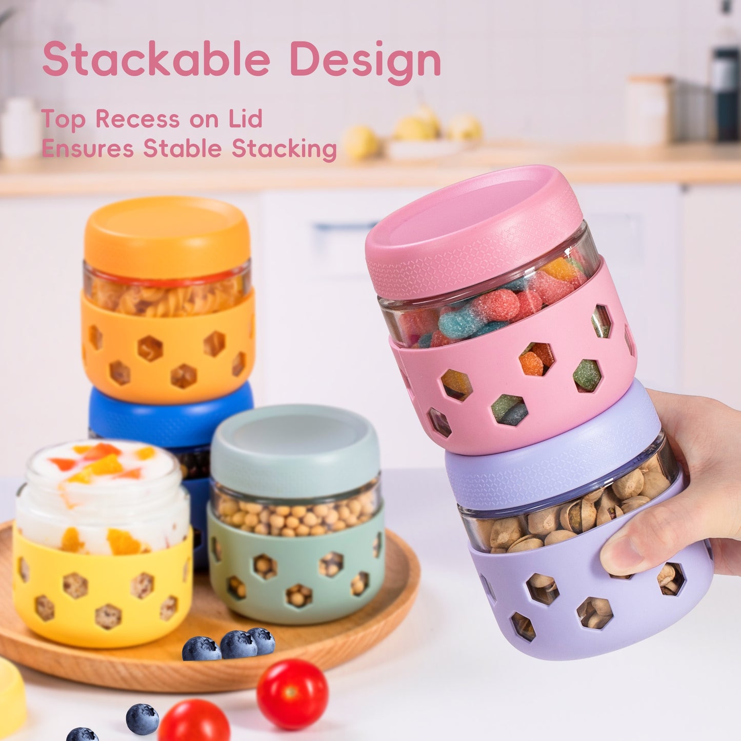 Micebay 6-Pack 10 oz Glass Mason Jars with Silicone Sleeves, Airtight BPA-Free Overnight Oats Containers with Lids, Dishwasher Safe Leak-Proof Meal Prep Jars for Chia Pudding, Yogurt, Snacks