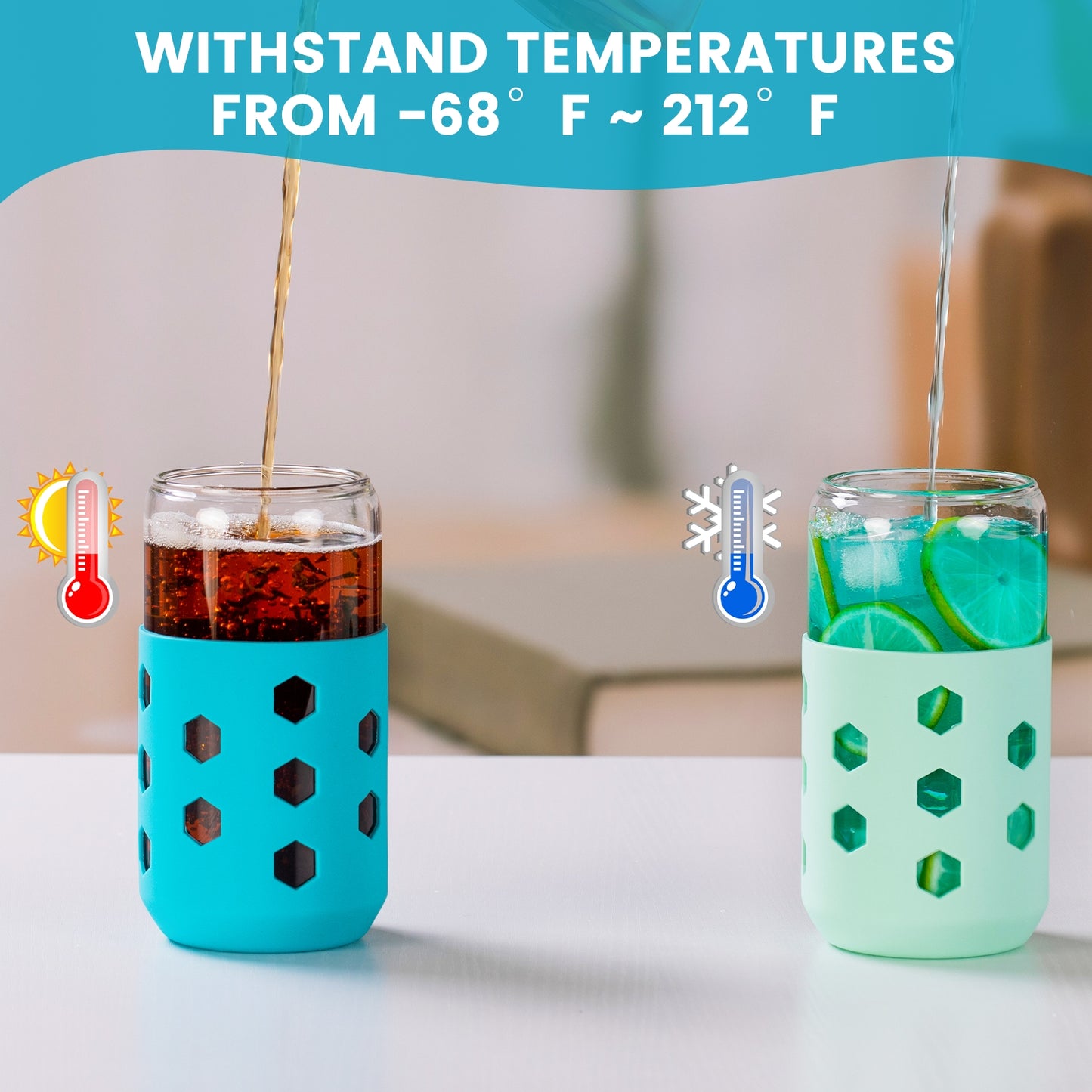 Micebay Glass Cups with Silicone Lids and Straws (4 Pcs), 16oz Drinking Glasses Set with Silicone Sleeves for Coffee Bar Accessories Iced Coffee Cups with Lids, Glass Tumbler Reusable for Gifts
