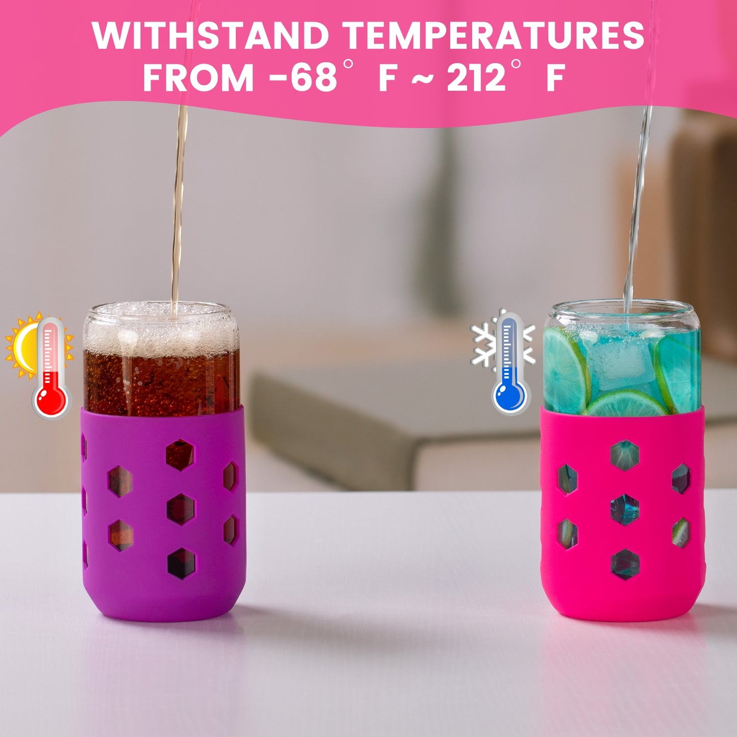 Micebay Glass Cups with Silicone Lids and Straws (4 Pcs), 16oz Drinking Glasses Set with Silicone Sleeves for Coffee Bar Accessories Iced Coffee Cups with Lids, Glass Tumbler Reusable for Gifts