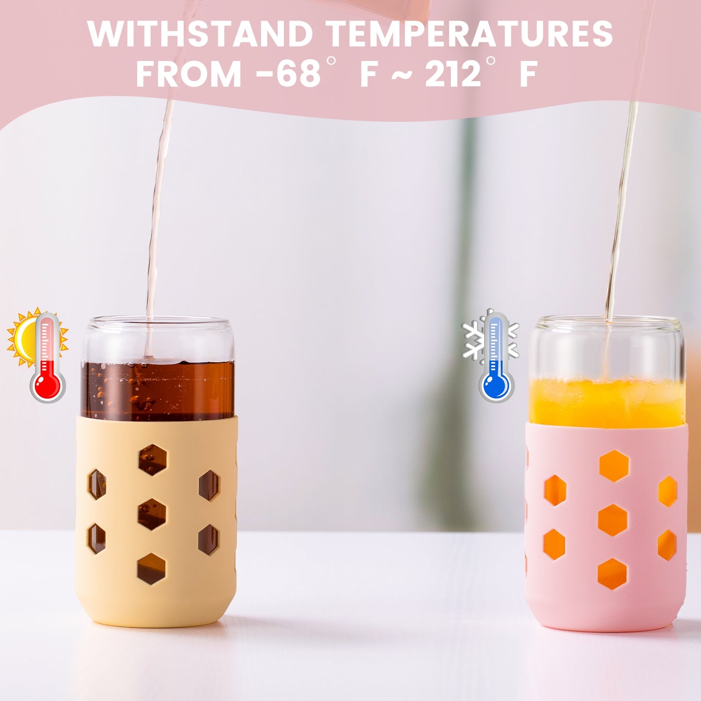 Micebay Glass Cups with Silicone Lids and Straws (4 Pcs), 16oz Drinking Glasses Set with Silicone Sleeves for Coffee Bar Accessories Iced Coffee Cups with Lids, Glass Tumbler Reusable for Gifts
