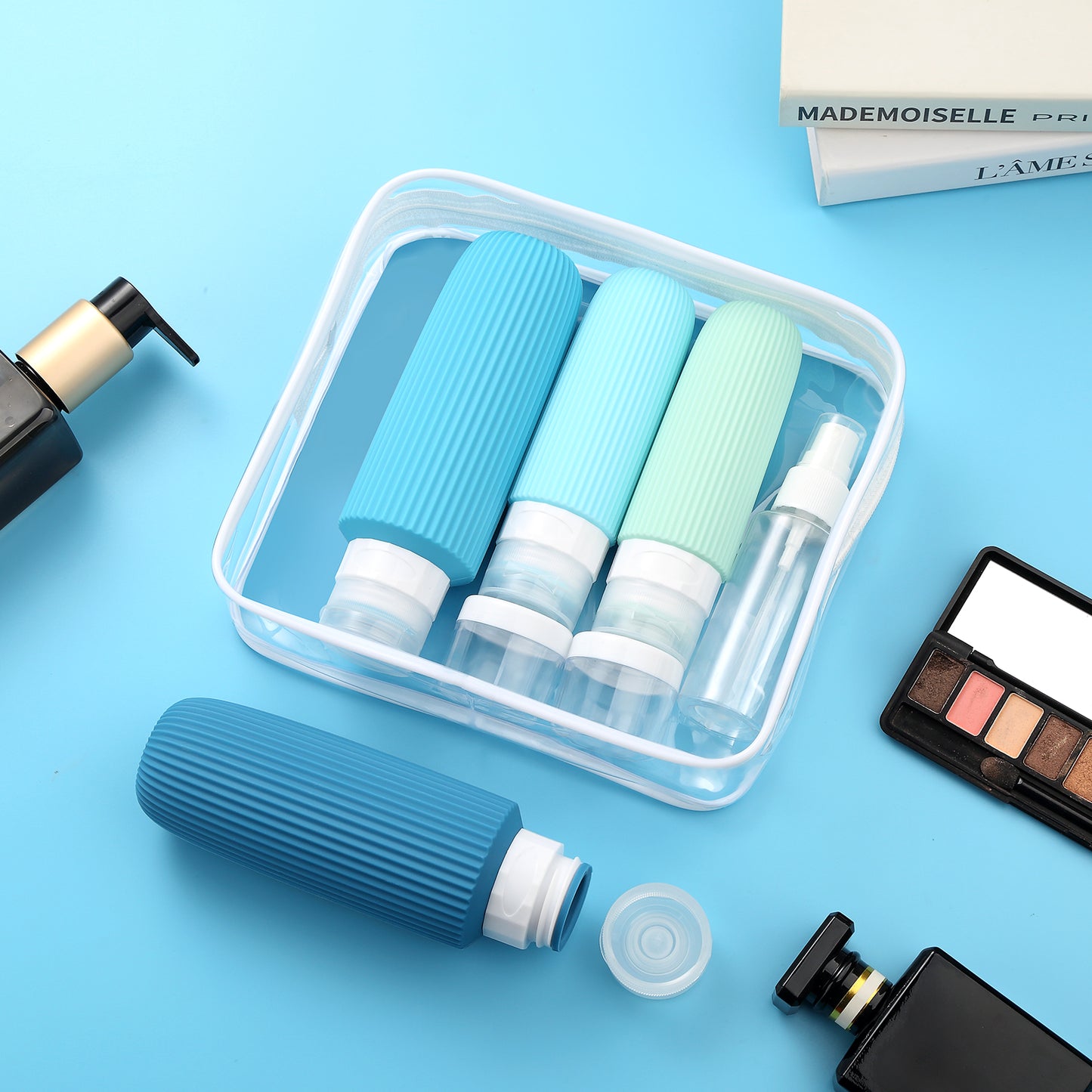 Micebay 6oz Silicone Travel Bottles, Leak Proof Toiletry Containers for Shampoo, Conditioner & Lotion, Blue