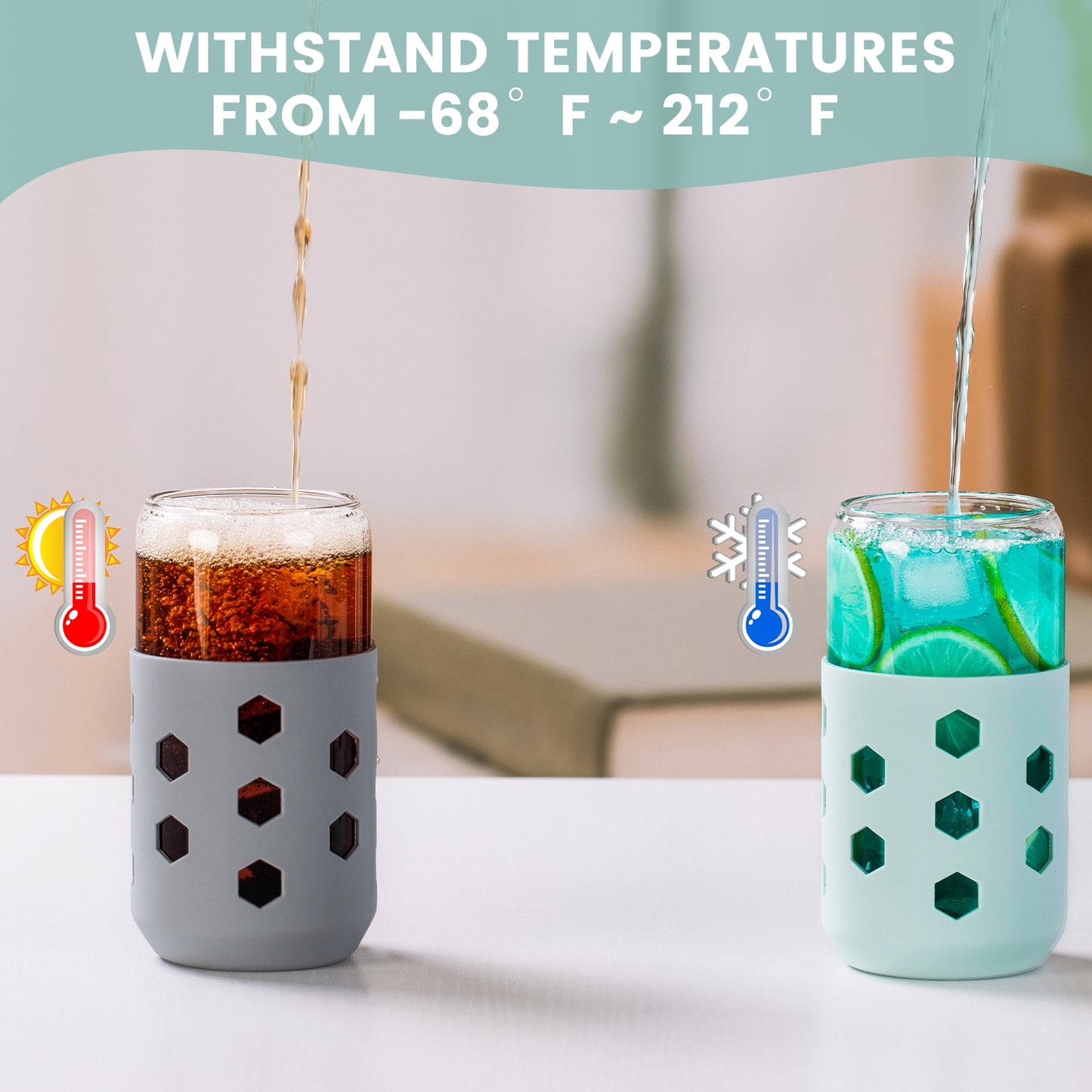Micebay Glass Cups with Silicone Lids and Straws (4 Pcs), 16oz Drinking Glasses Set with Silicone Sleeves for Coffee Bar Accessories Iced Coffee Cups with Lids, Glass Tumbler Reusable for Gifts
