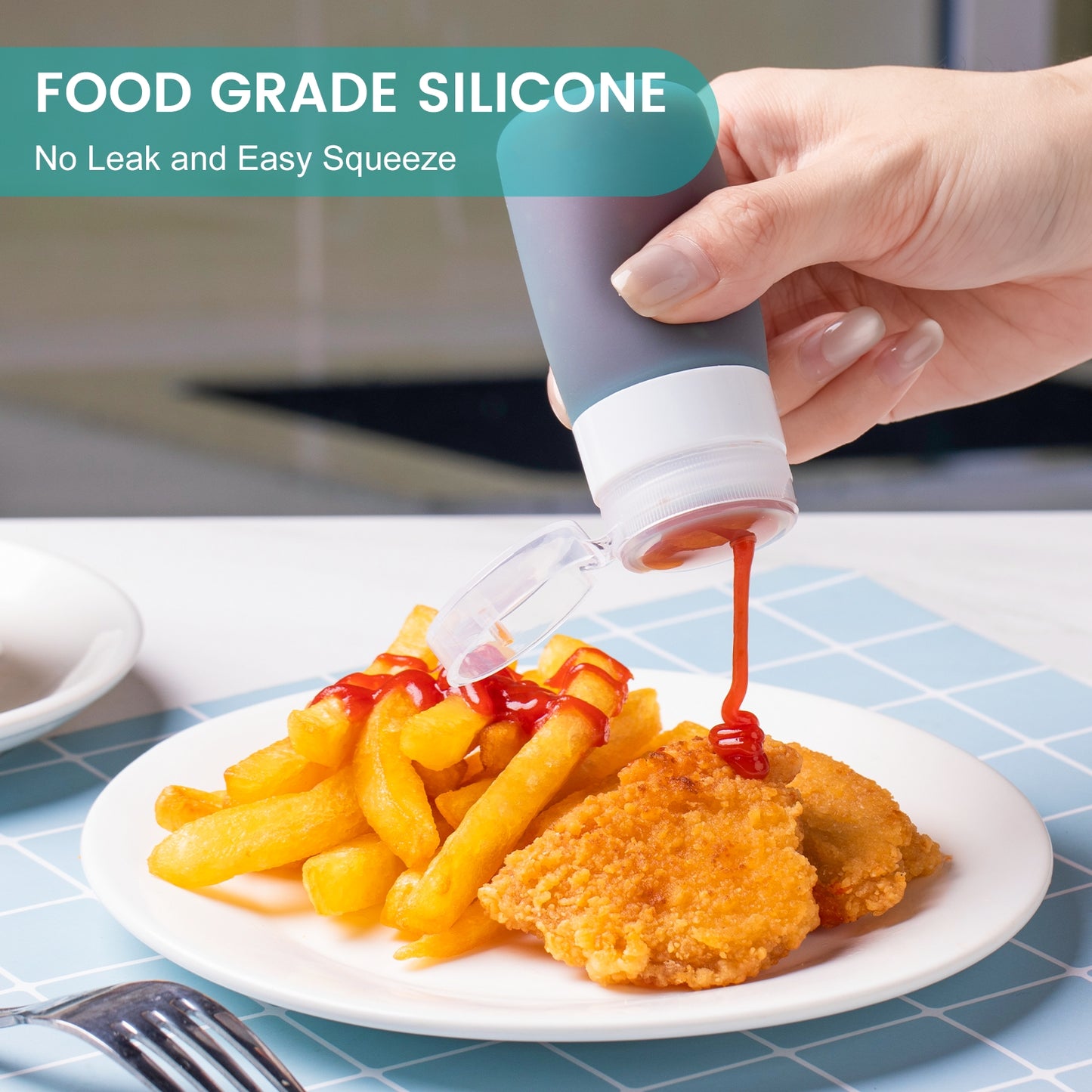 Micebay 2 oz Silicone Condiment Squeeze Bottles, Leakproof Mini Sauce Containers with Reusable Bag, 4-Pack for Meal Prep and Bento Boxes, Mint