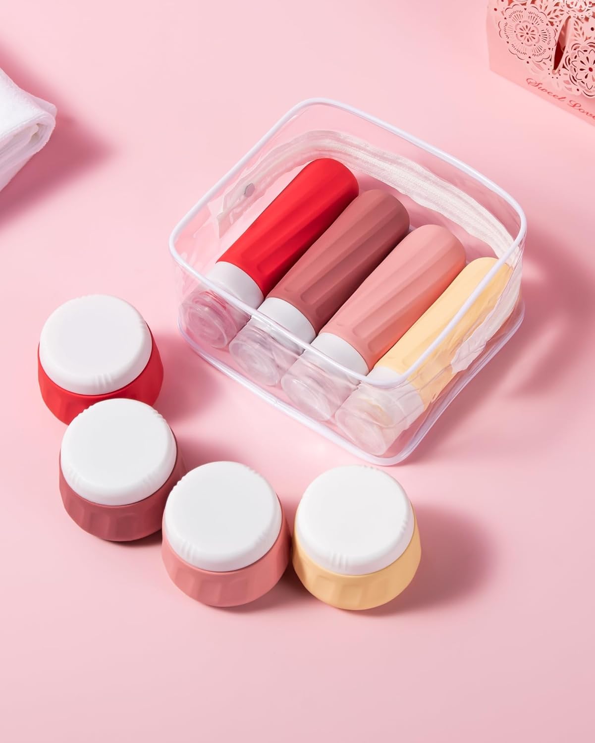 Micebay Travel Bottles for Toiletries 8 Pack, Travel Size Toiletries, Tsa Approved Travel Size Containers 3oz, with Travel Essentials Clear Bag, Leak Proof Silicone Squeezable Creams Jars