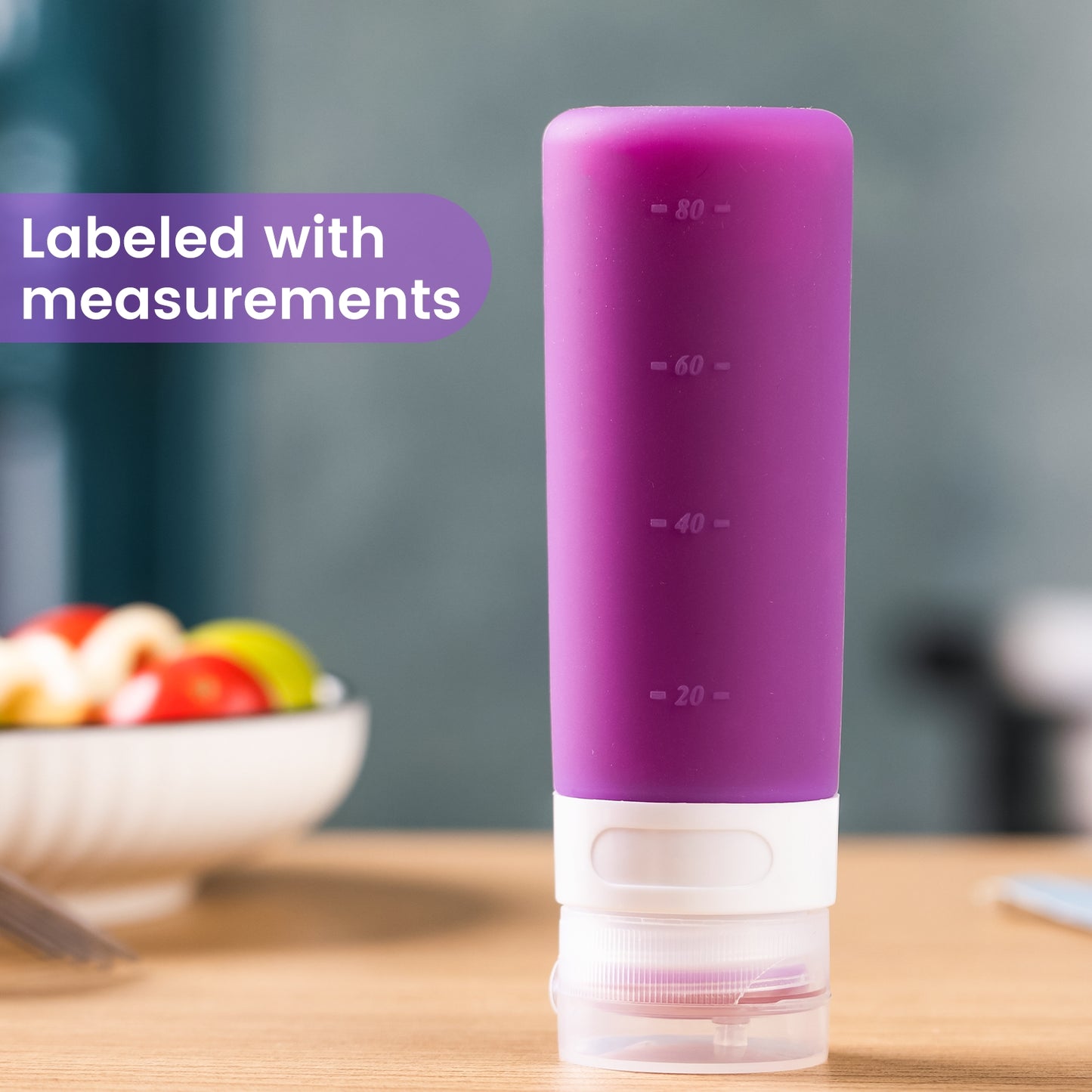 Micebay 3 oz Silicone Condiment Squeeze Bottles, Leakproof Mini Sauce Containers with Reusable Bag, 4-Pack for Meal Prep and Bento Boxes, Purple