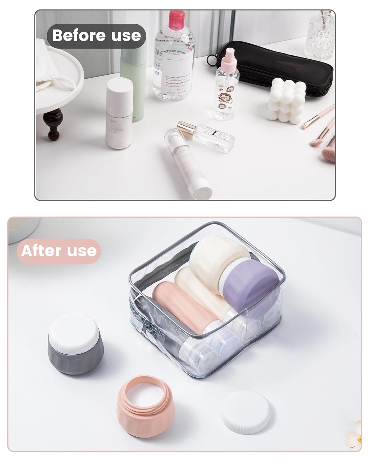 Micebay Travel Bottles for Toiletries 8 Pack, Travel Size Toiletries, Tsa Approved Travel Size Containers 3oz, with Travel Essentials Clear Bag, Leak Proof Silicone Squeezable Creams Jars