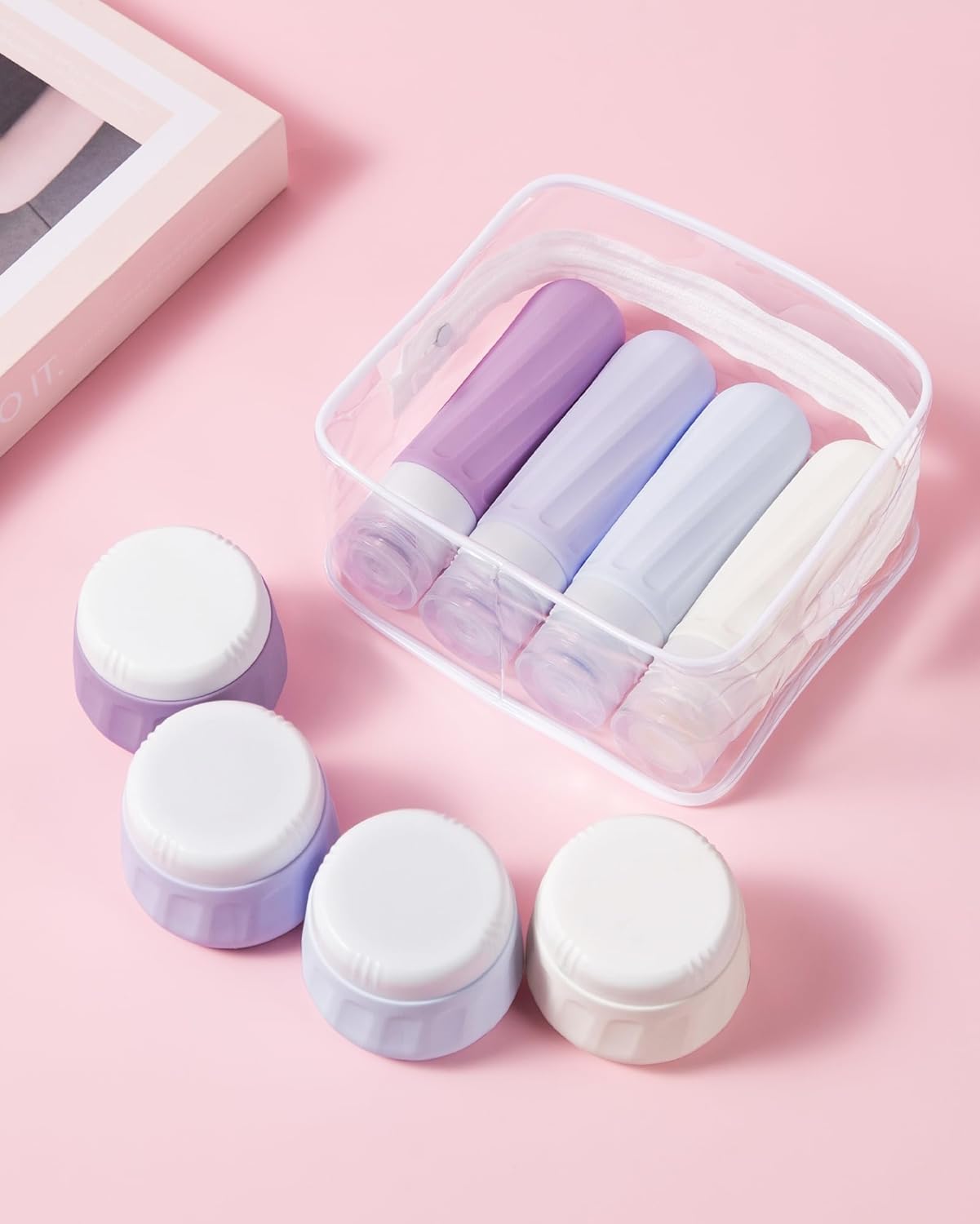 Micebay Travel Bottles for Toiletries 8 Pack, Travel Size Toiletries, Tsa Approved Travel Size Containers 3oz, with Travel Essentials Clear Bag, Leak Proof Silicone Squeezable Creams Jars