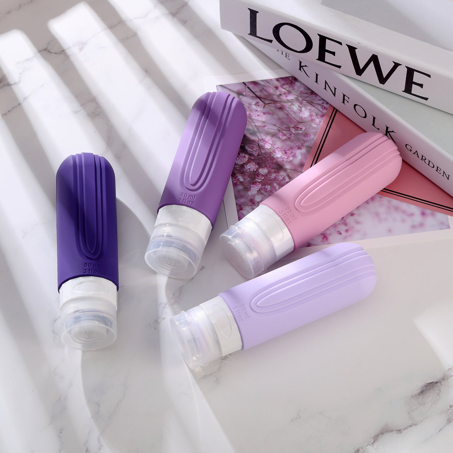 Micebay Leak-Proof 3-oz Silicone Squeezable Travel Bottles for Toiletries, Refillable Travel Size Containers, BPA Free, TSA Approved, Purple, 4 Pack