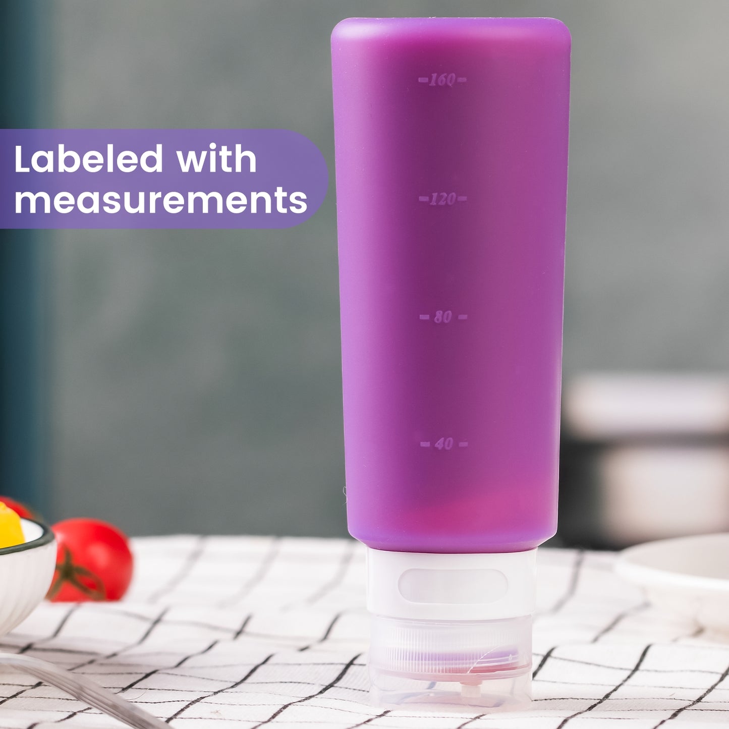 Micebay 6 oz Silicone Condiment Squeeze Bottles, Leakproof Mini Sauce Containers with Reusable Bag, 4-Pack for Meal Prep and Bento Boxes, Purple