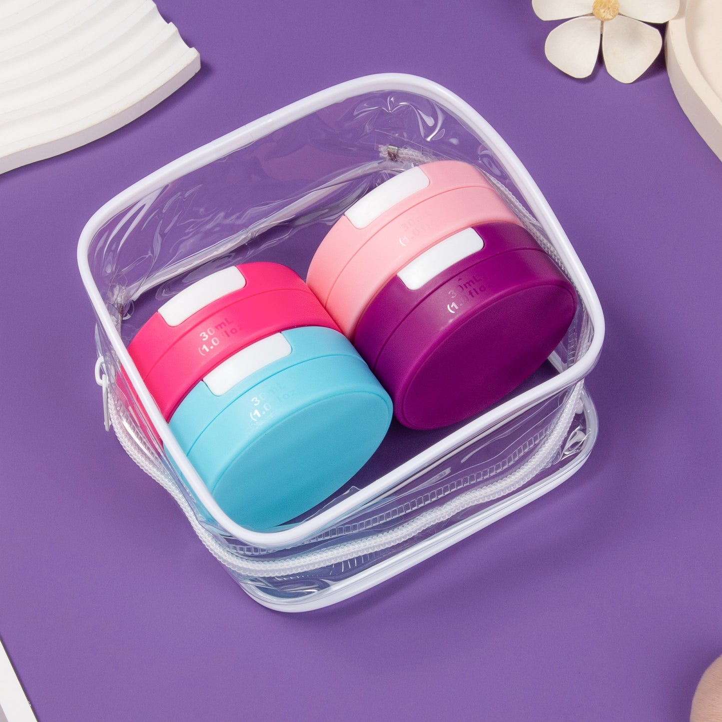Micebay Travel Containers for Toiletries, Silicone Cream Jars TSA Approved Travel Size Containers with Clear Bag, Leak-proof Travel Accessories with Lid for Cosmetic Face Body Hand Cream (4 Pack)