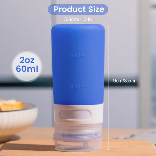 Micebay 2 oz Silicone Condiment Squeeze Bottles, Leakproof Mini Sauce Containers with Reusable Bag, 4-Pack for Meal Prep and Bento Boxes, Blue