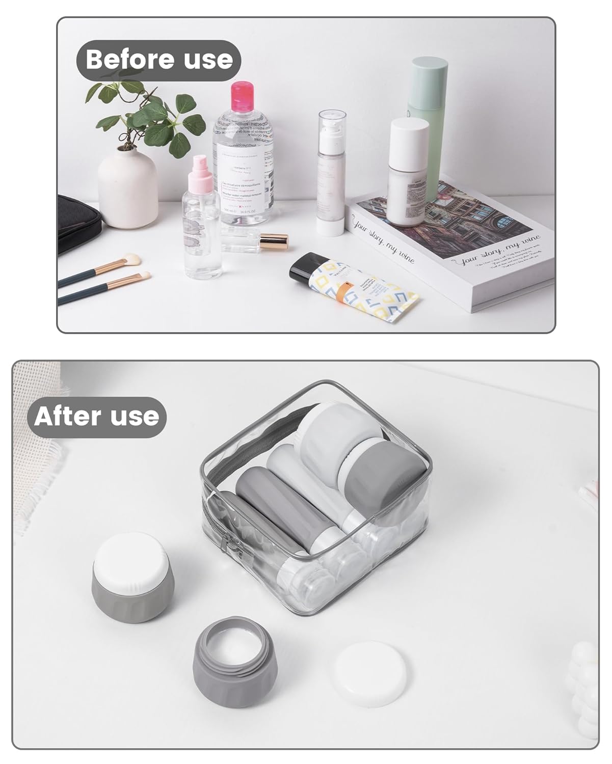 Micebay Travel Bottles for Toiletries 8 Pack, Travel Size Toiletries, Tsa Approved Travel Size Containers 3oz, with Travel Essentials Clear Bag, Leak Proof Silicone Squeezable Creams Jars