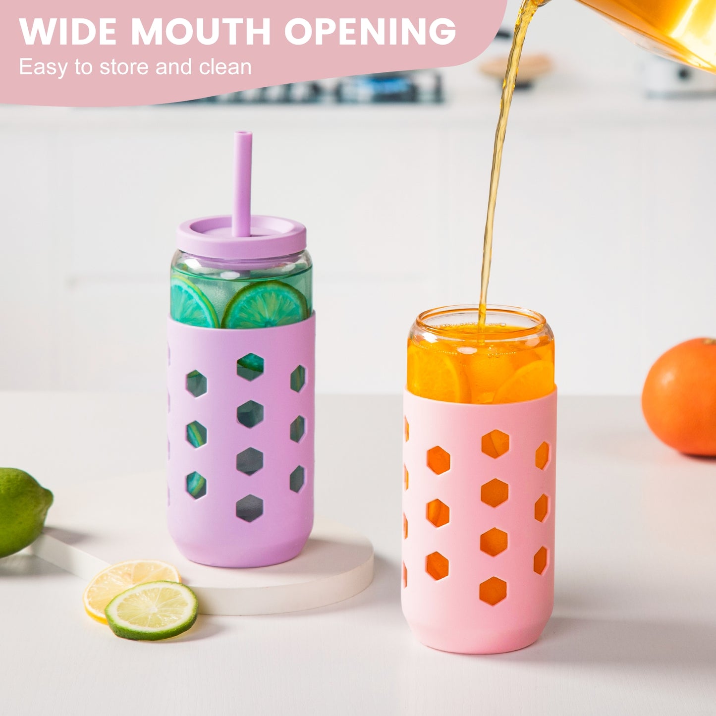 Micebay 20 oz Glass Cups With Lids and Straws, 4-Pack Iced Coffee Cup - Smoothie Cup With Silicone Lid and Sleeve for Coffee Bar Accessory, Cute Drinking Glasses Set Reusable Glass Tumbler for Gifts