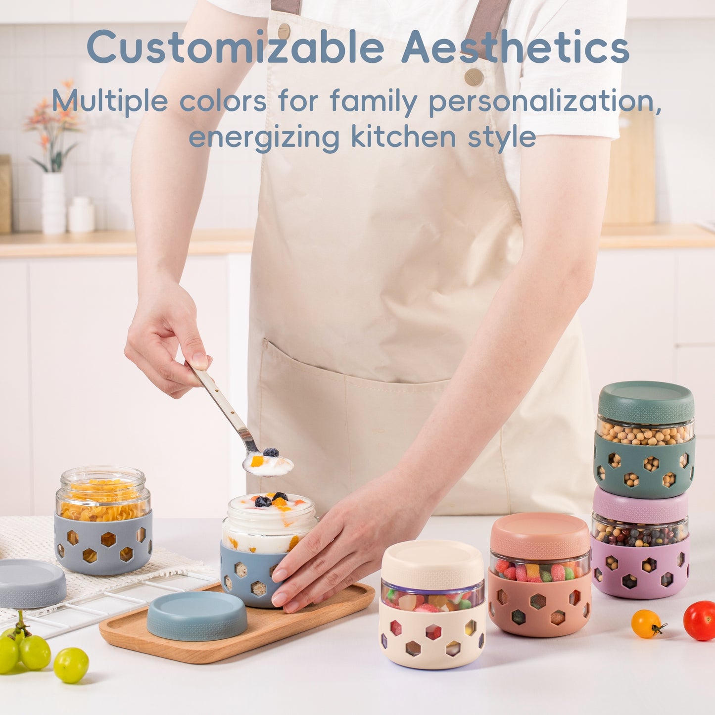 Micebay 6-Pack 16 oz Glass Mason Jars with Silicone Sleeves, Airtight BPA-Free Overnight Oats Containers with Lids, Dishwasher Safe Leak-Proof Meal Prep Jars for Chia Pudding, Yogurt, Snacks