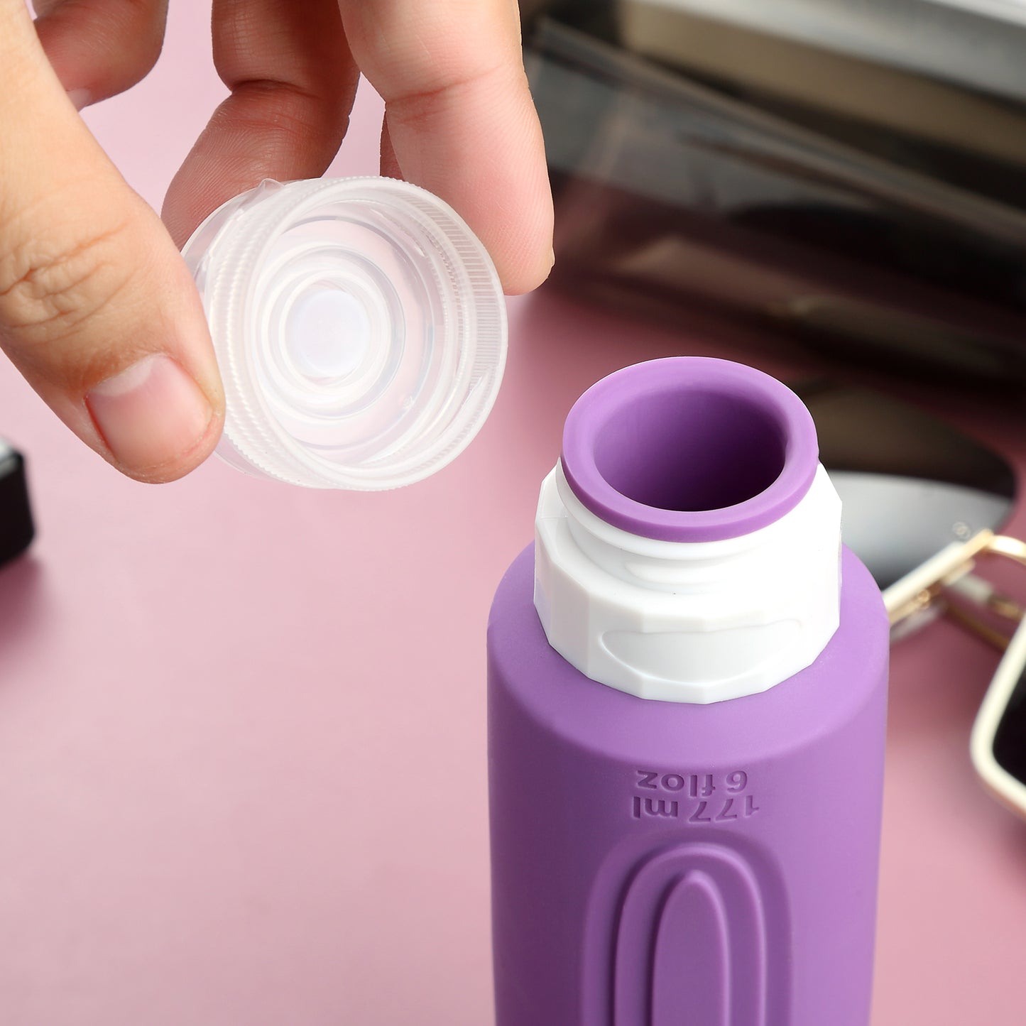Micebay Leak-Proof 6-oz Silicone Squeezable Travel Bottles for Toiletries, Refillable Travel Size Containers, BPA Free, TSA Approved, Purple, 4 Pack