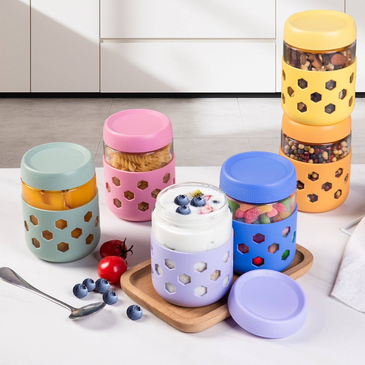 Micebay 6-Pack 16 oz Glass Mason Jars with Silicone Sleeves, Airtight BPA-Free Overnight Oats Containers with Lids, Dishwasher Safe Leak-Proof Meal Prep Jars for Chia Pudding, Yogurt, Snacks