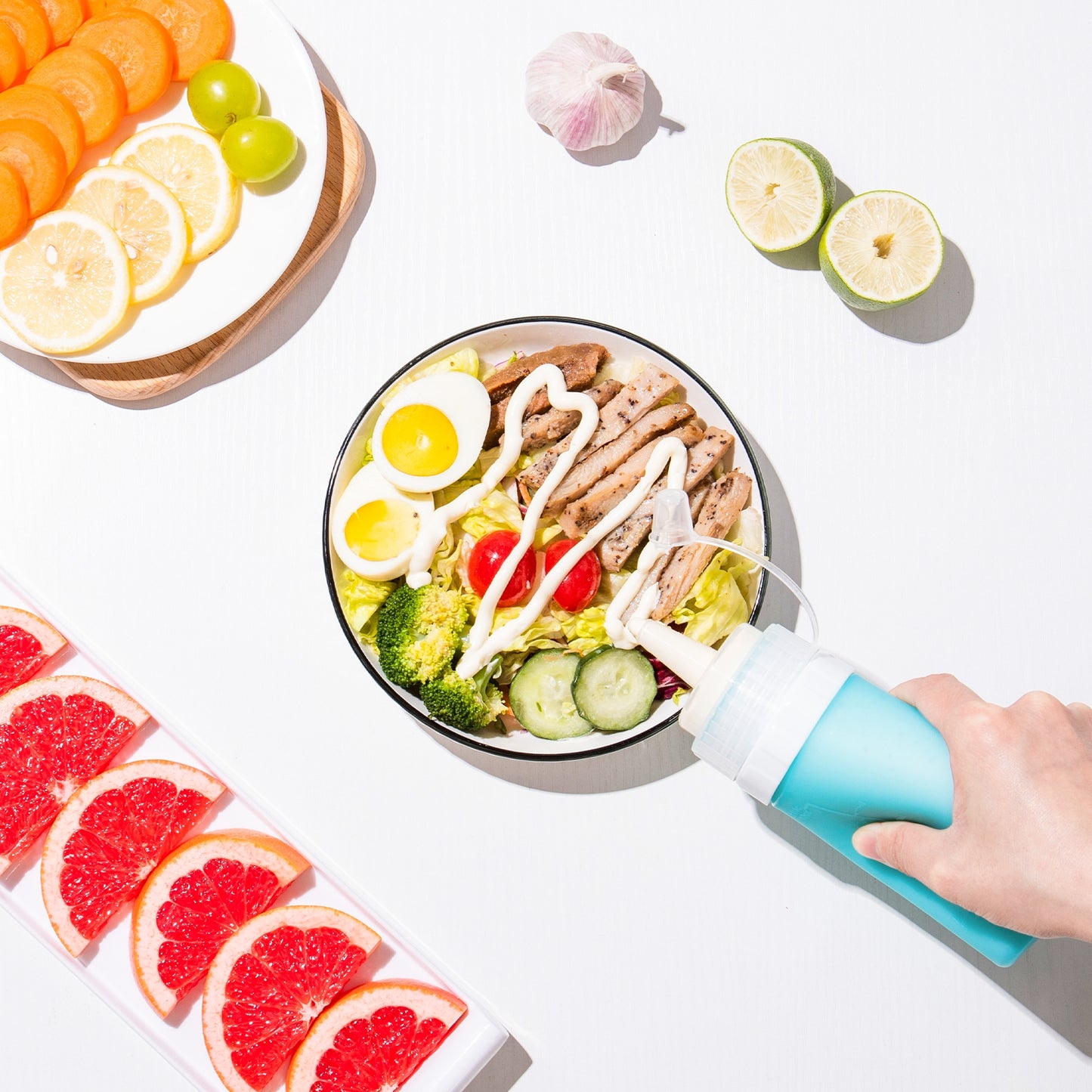 Micebay 12 oz Silicone Condiment Squeeze Bottles, Leak Proof, BPA Free, with Interchangeable Lids, Set of 4 for Oil, Honey, Dressing, Blue