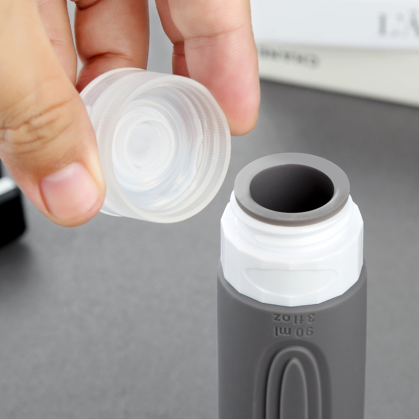 Micebay Leak-Proof 3-oz Silicone Squeezable Travel Bottles for Toiletries, Refillable Travel Size Containers, BPA Free, TSA Approved, Navy-Gray, 4 Pack