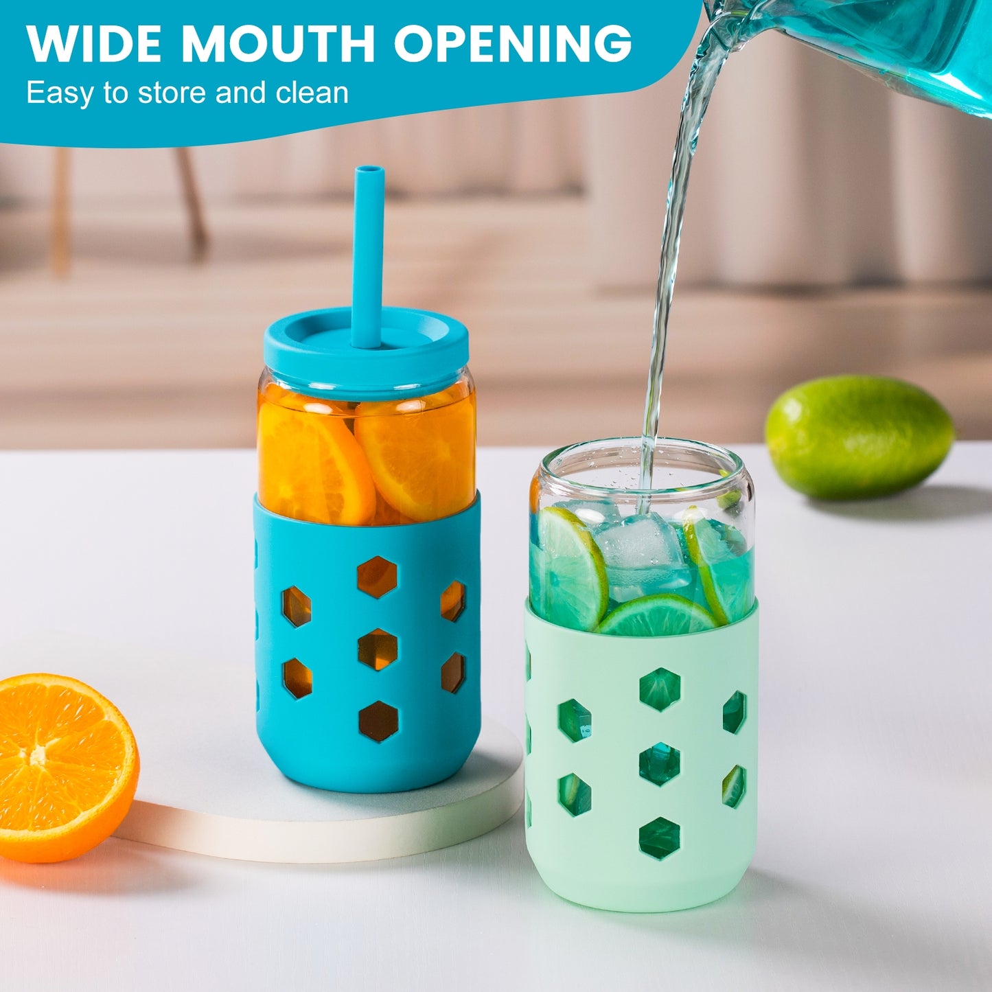 Micebay Glass Cups with Silicone Lids and Straws (4 Pcs), 16oz Drinking Glasses Set with Silicone Sleeves for Coffee Bar Accessories Iced Coffee Cups with Lids, Glass Tumbler Reusable for Gifts