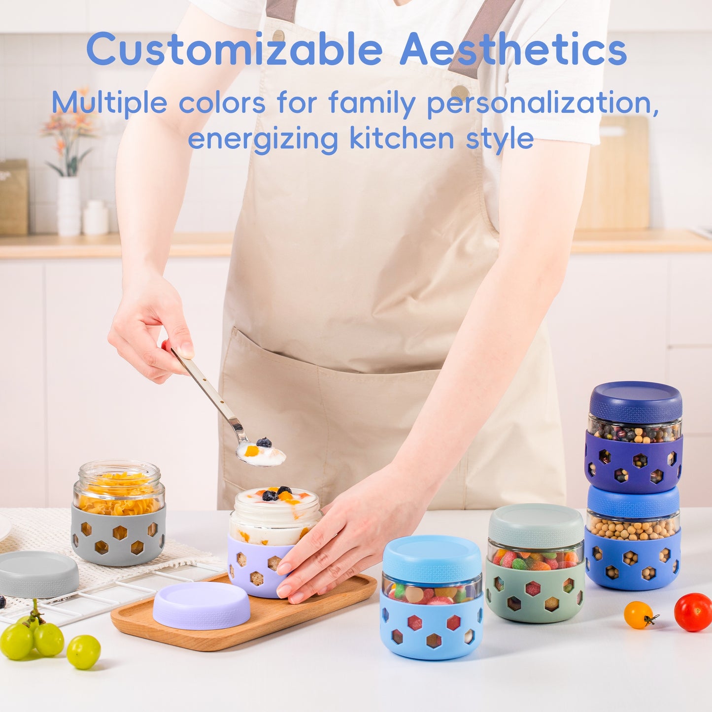 Micebay 6-Pack 10 oz Glass Mason Jars with Silicone Sleeves, Airtight BPA-Free Overnight Oats Containers with Lids, Dishwasher Safe Leak-Proof Meal Prep Jars for Chia Pudding, Yogurt, Snacks