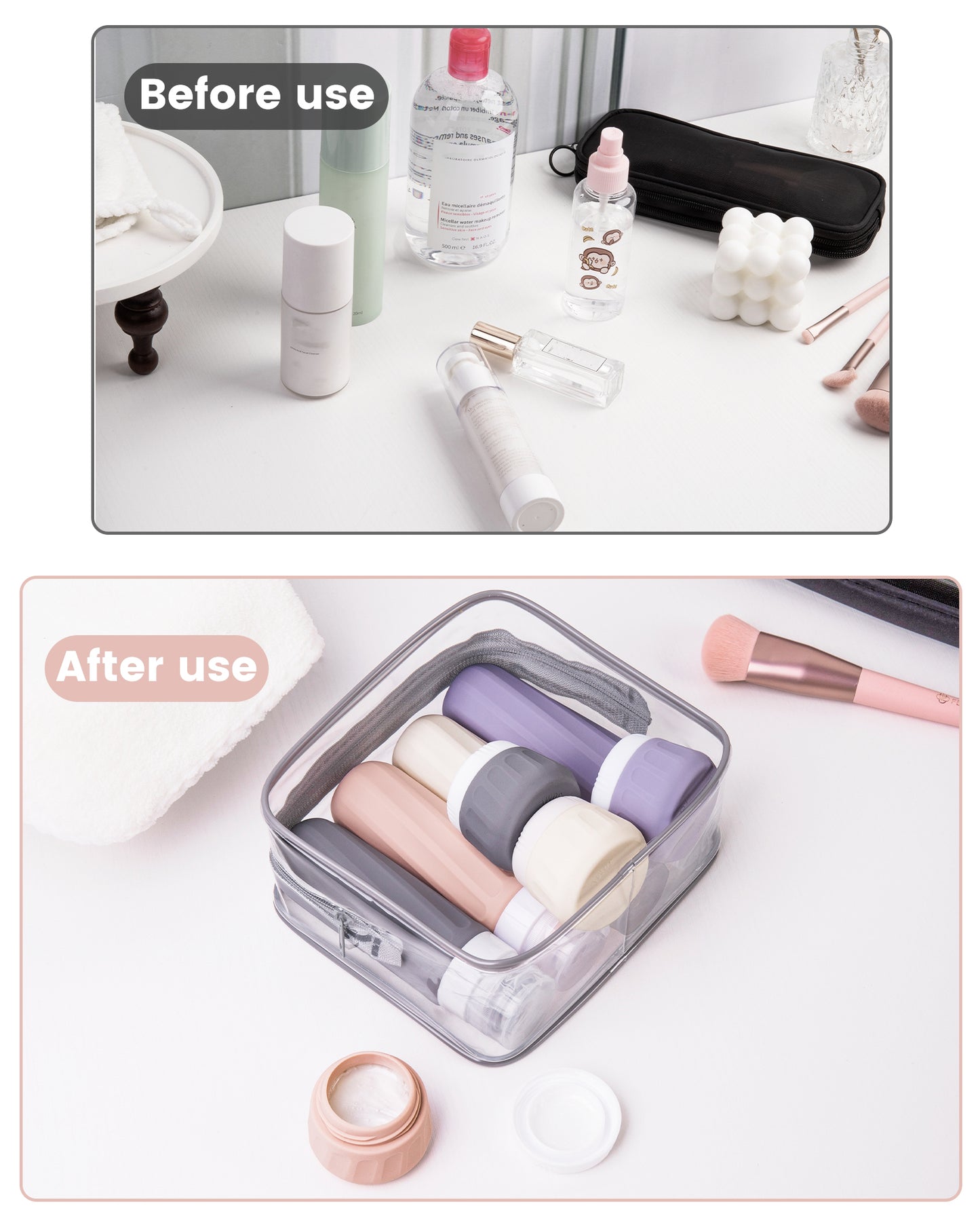 Micebay Travel Bottles for Toiletries 8 Pack, Travel Size Toiletries, Tsa Approved Travel Size Containers 3oz, with Travel Essentials Clear Bag, Leak Proof Silicone Squeezable Creams Jars