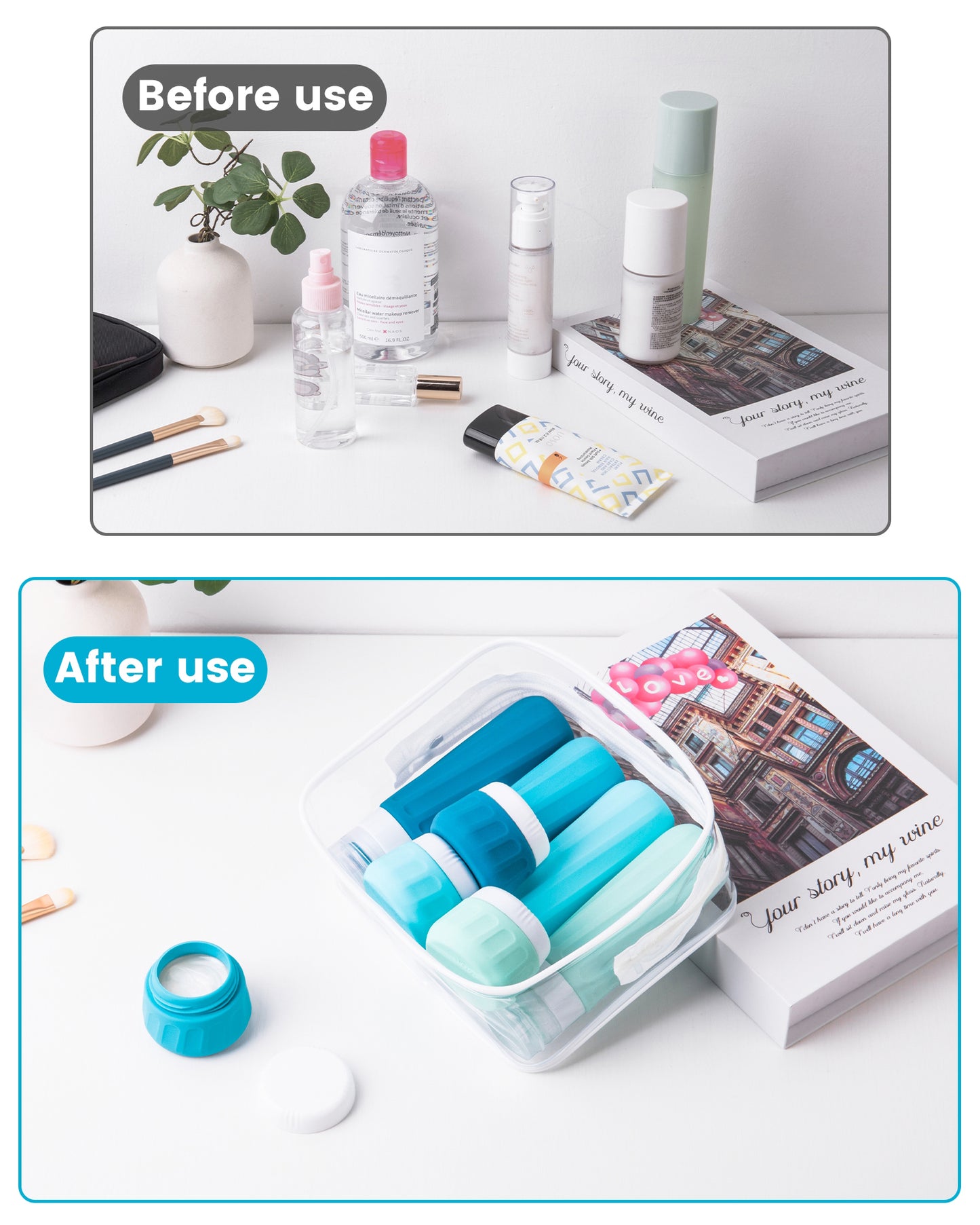 Micebay Travel Bottles for Toiletries 8 Pack, Travel Size Toiletries, Tsa Approved Travel Size Containers 3oz, with Travel Essentials Clear Bag, Leak Proof Silicone Squeezable Creams Jars