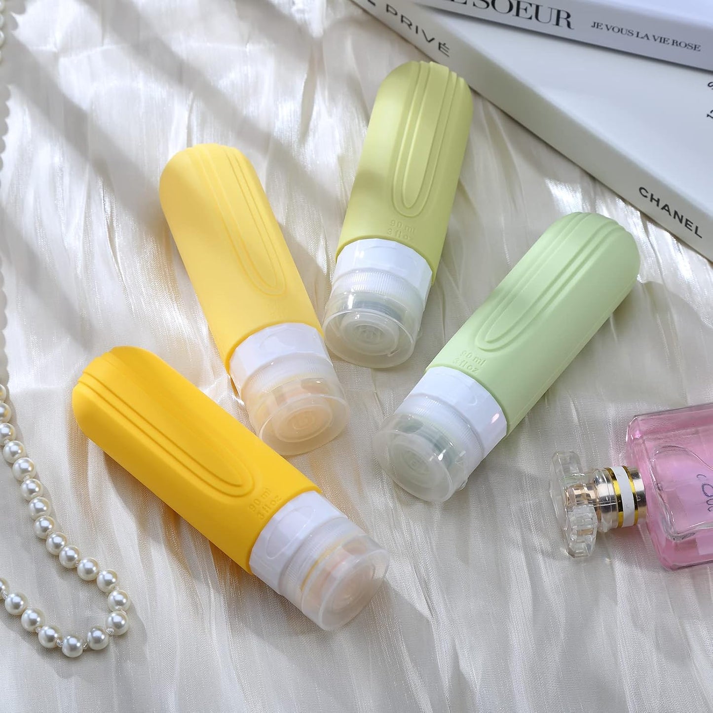 Micebay Leak-Proof 3-oz Silicone Squeezable Travel Bottles for Toiletries, Refillable Travel Size Containers, BPA Free, TSA Approved, Yellow, 4 Pack